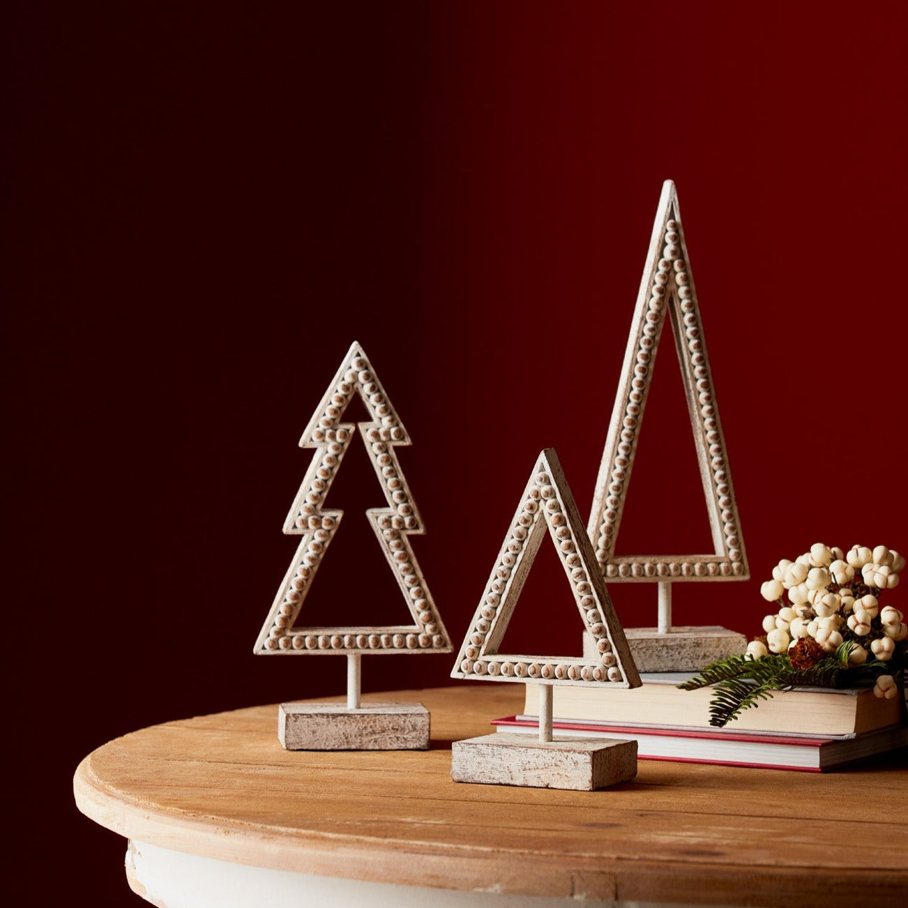 Beaded Wood Design Tree Cut Out Stand, Set of 3