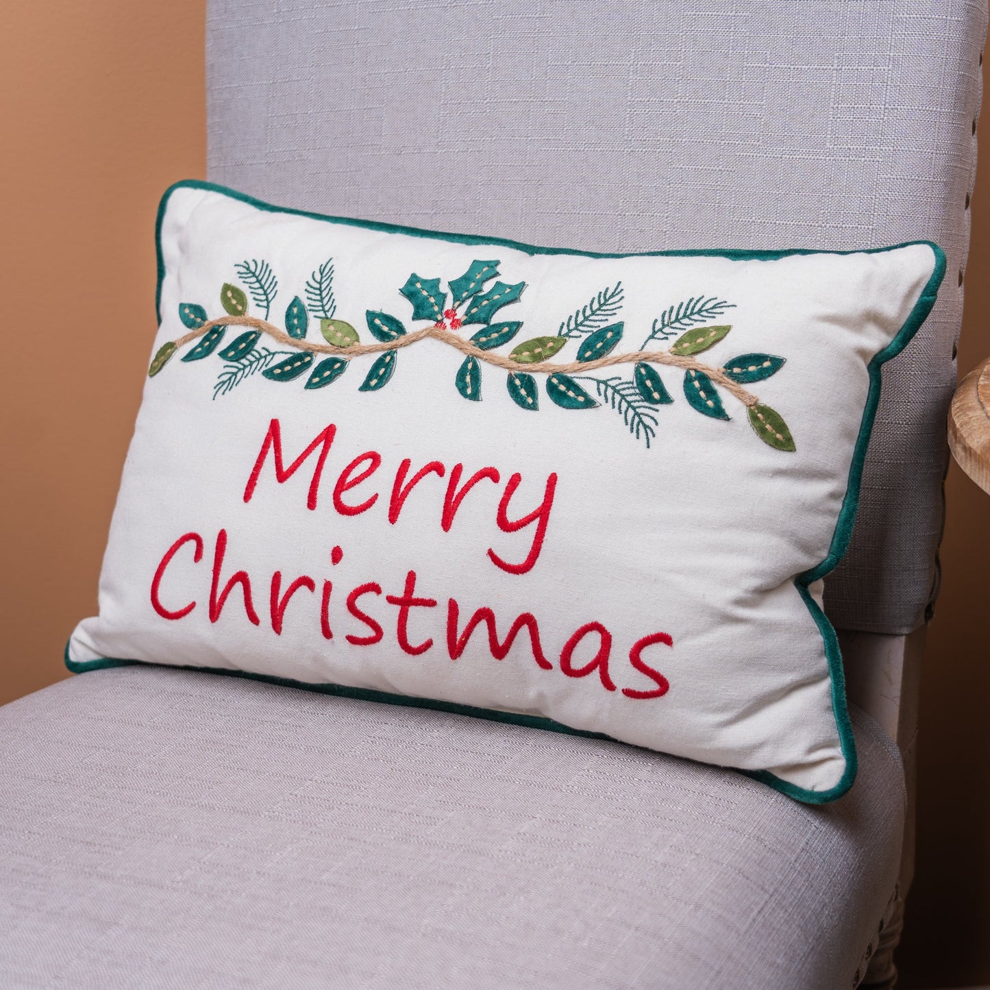 Embroidered Merry Christmas Pillow 17"
