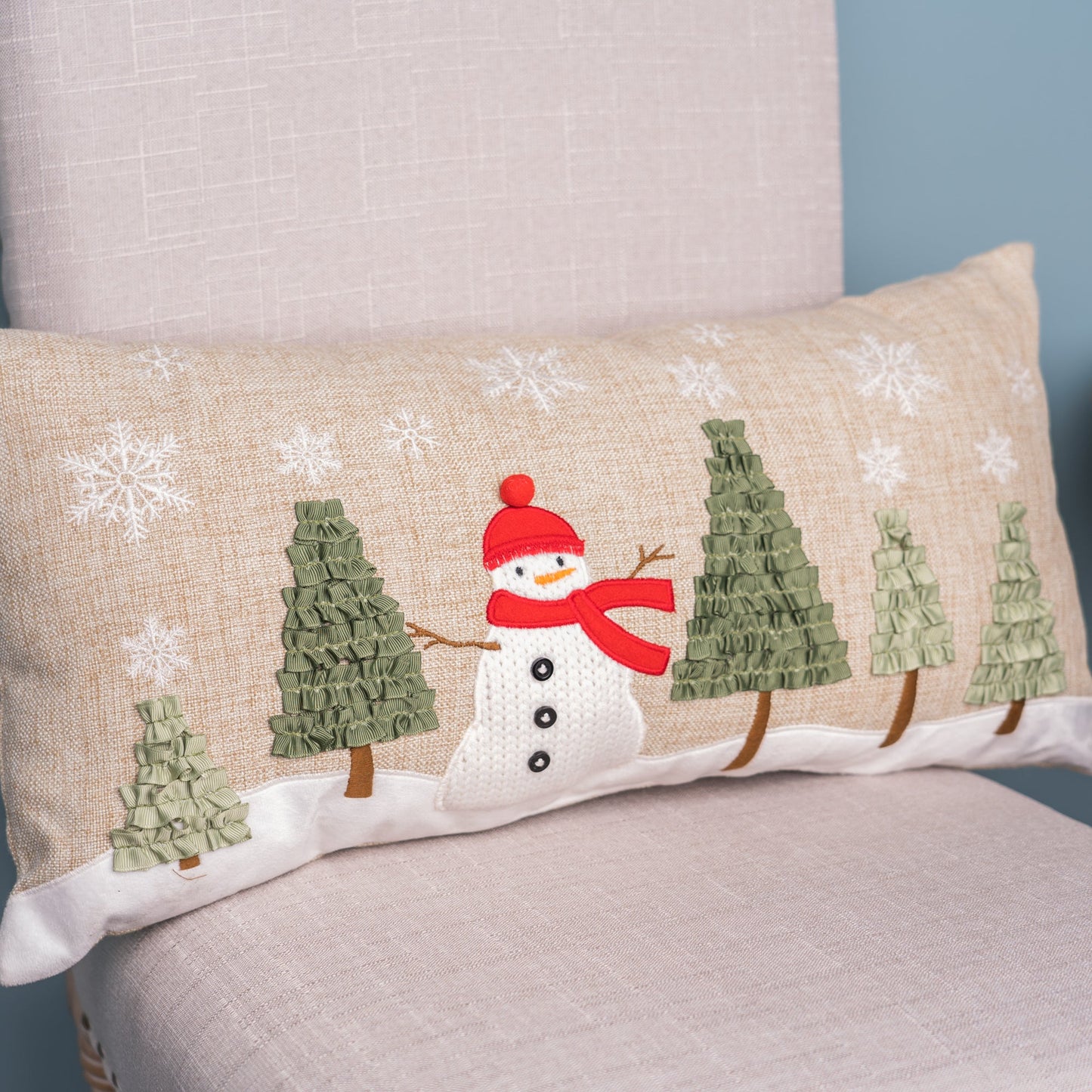 Embroidered Snowman Forest Pillow 23"