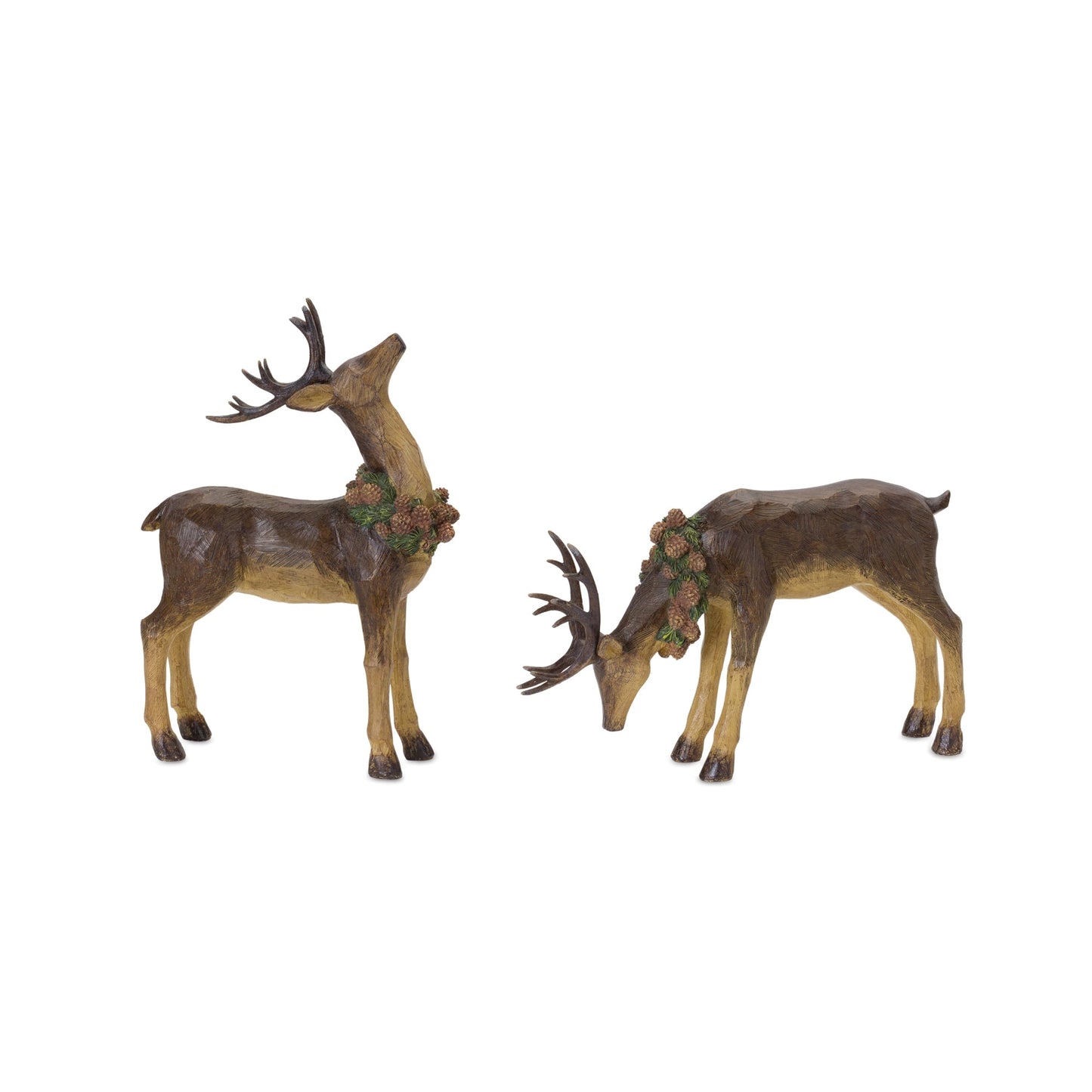 Deer Figurine with Pinecone Wreath, Set of 2