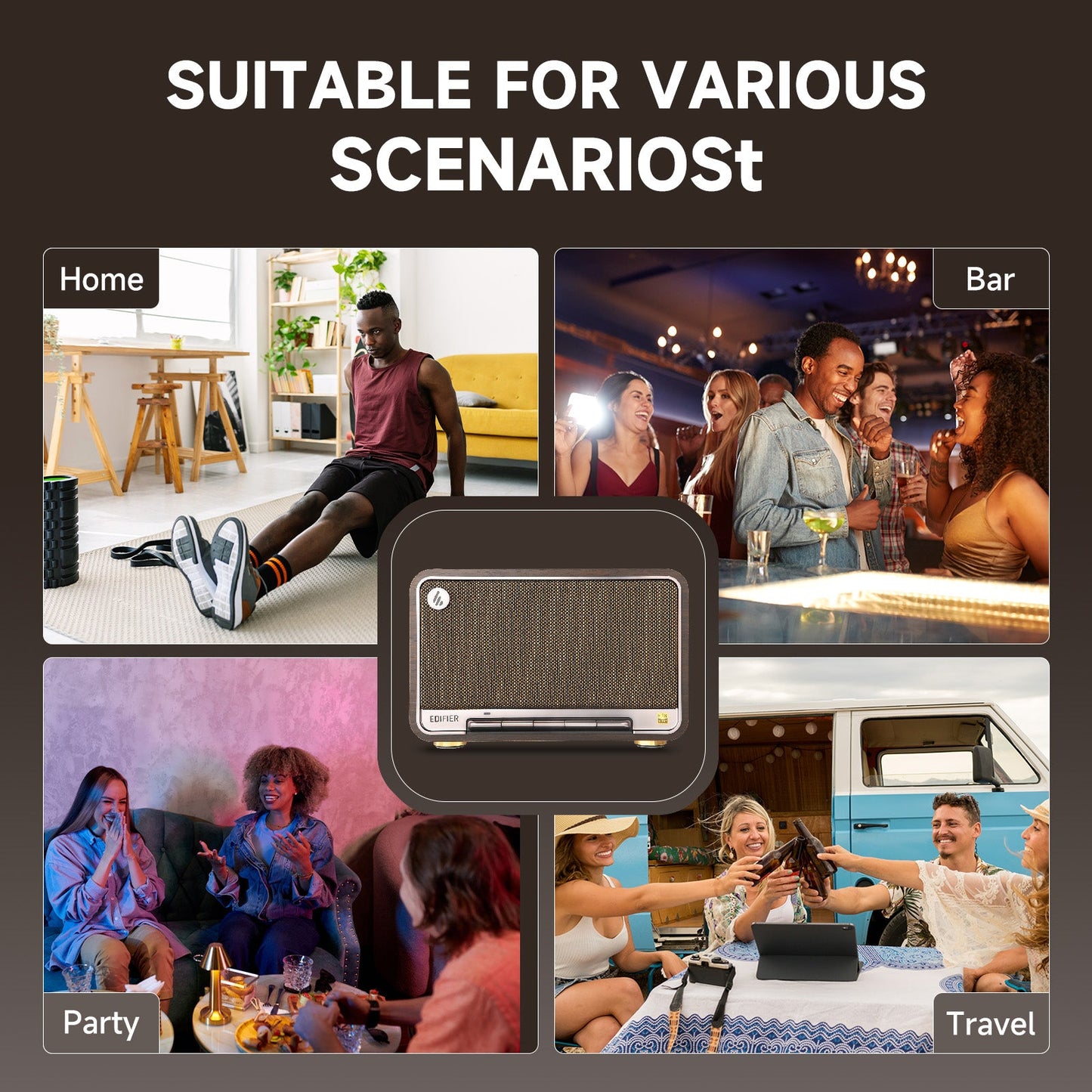 Edifier Tabletop Bluetooth Speakers Portable Wireless Speaker Wi-Fi Bluetooth Compatible AirPlay2 (Black Walnut)