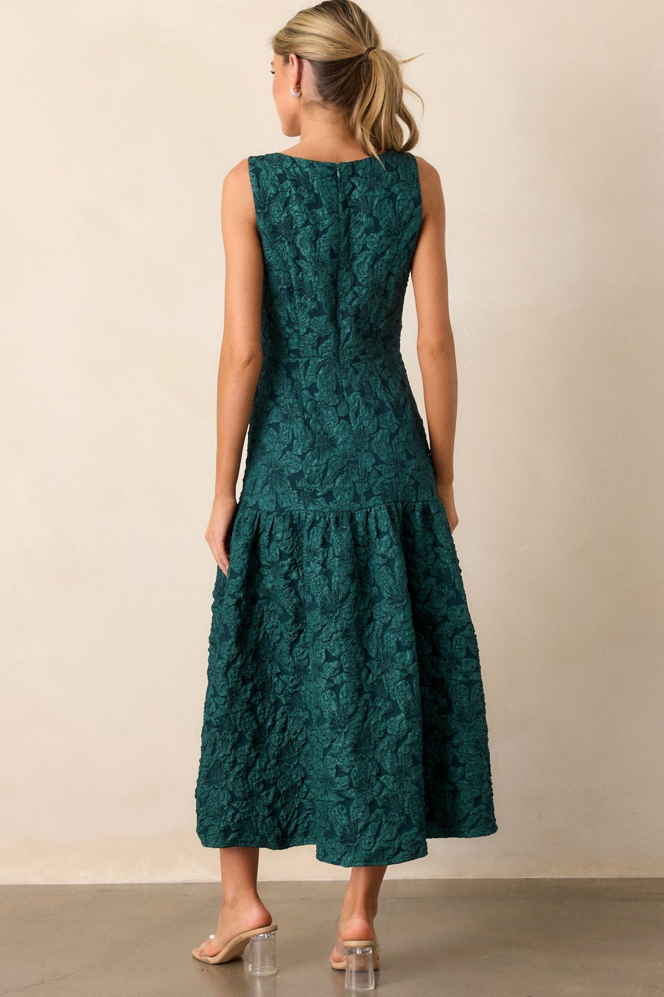 Moments of Clarity Jacquard Green Drop Waist Midi Dress