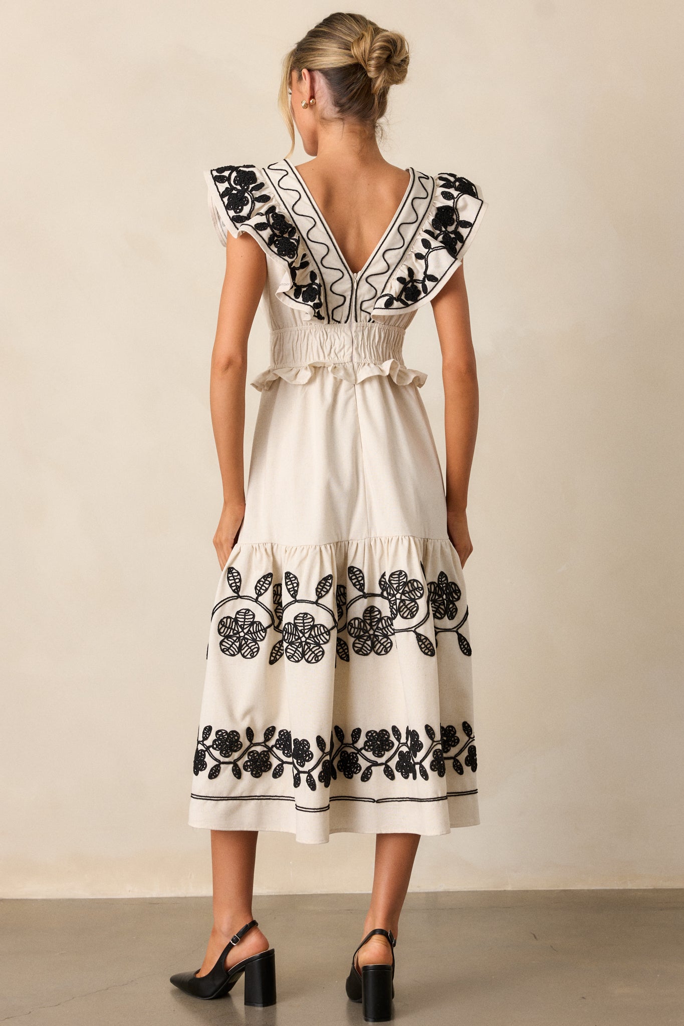 Whispering Pines Beige Flutter Sleeve Midi Dress