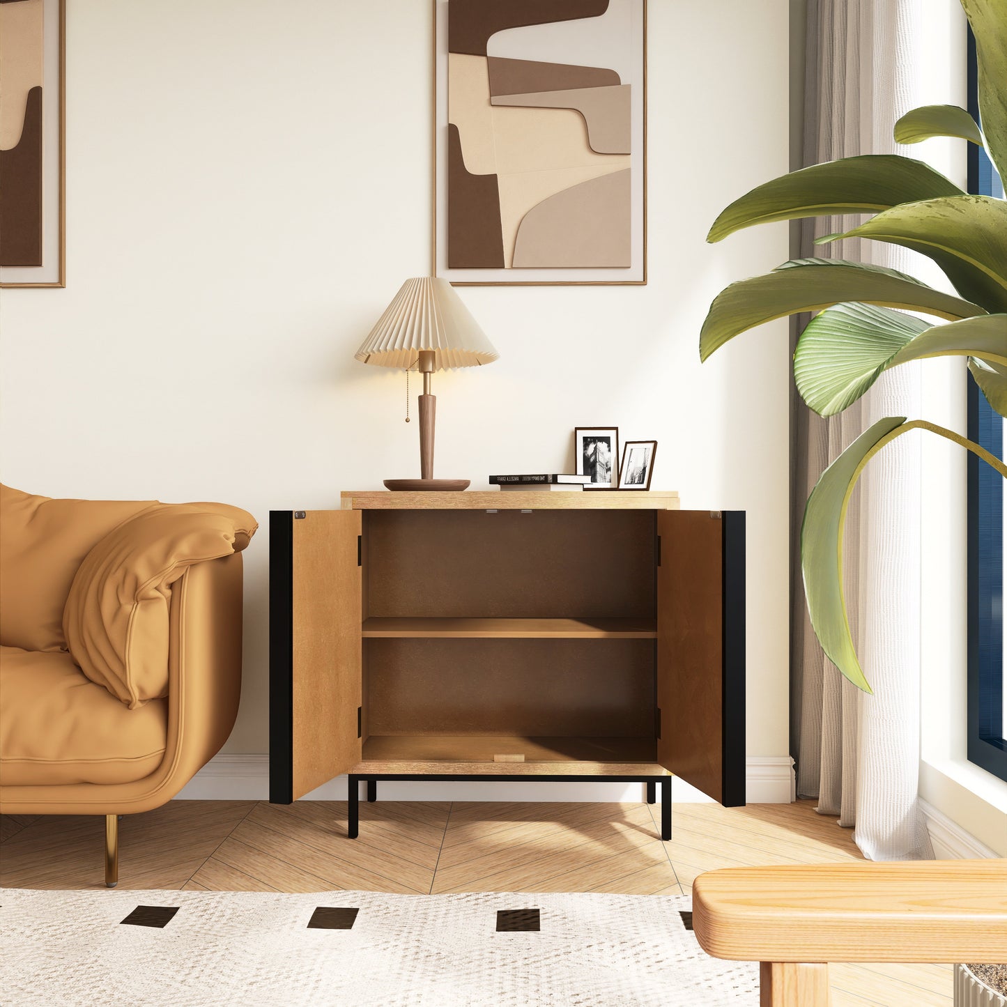 Hand-Carved 2 Doors Accent Cabinet with Shelves and Wood Legs