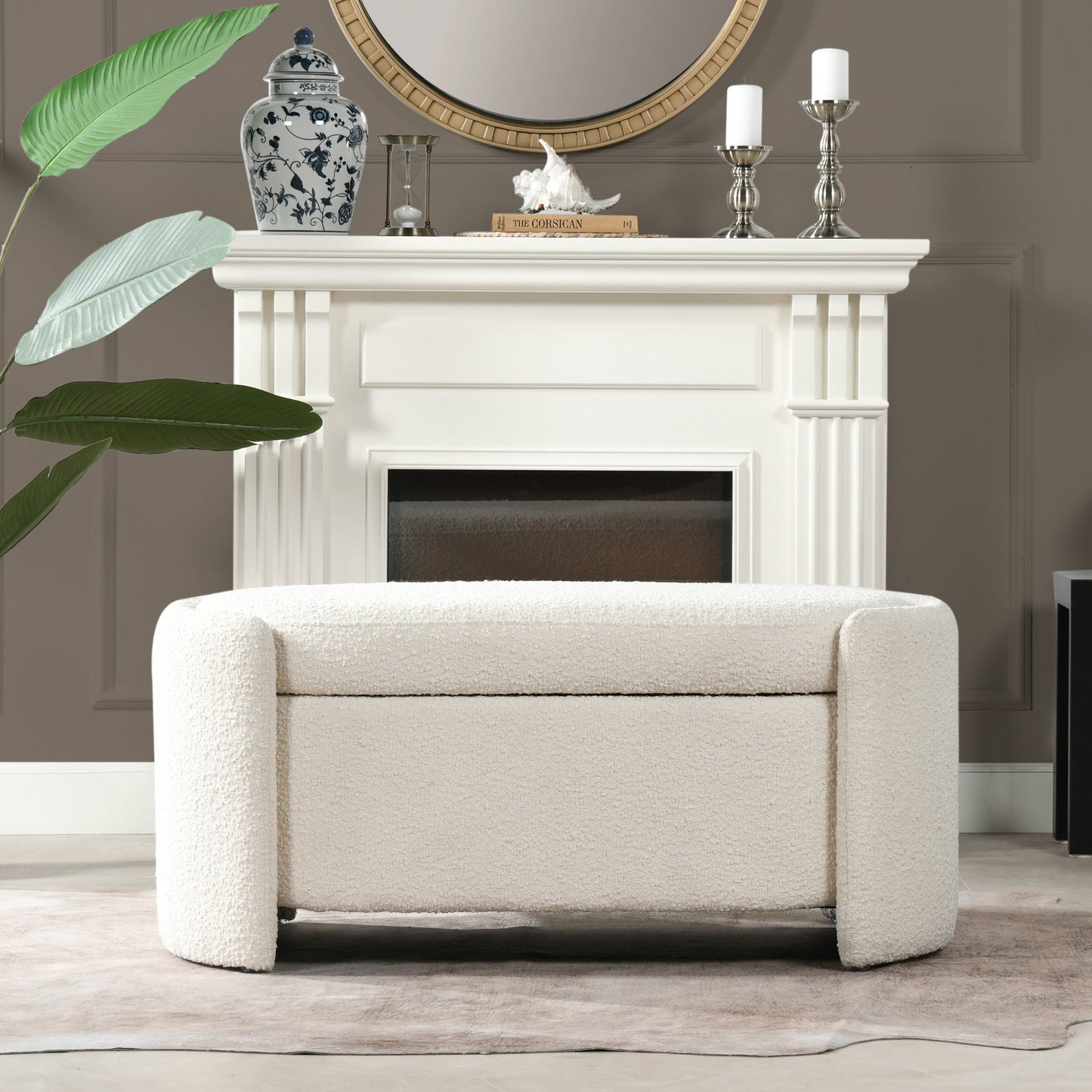 Oval Lid-Up Upholstered Storage Bench with 3 Compartments
