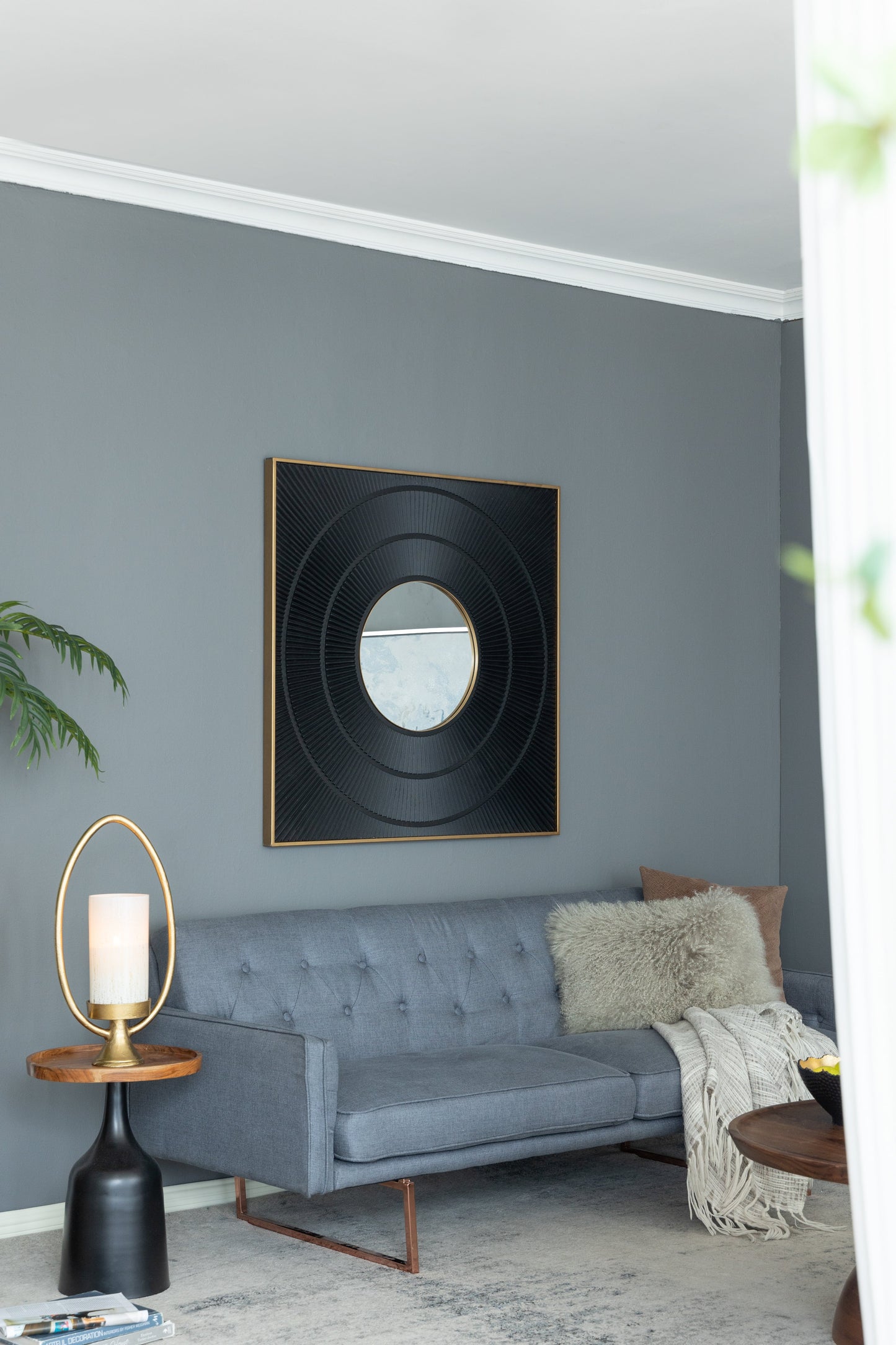 Square Wall Mirror with Pleated Design and Gold Iron Frame