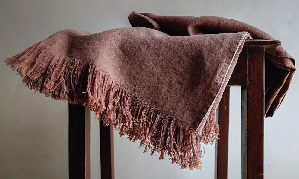 100% Linen Mocha Fringe Throw Blanket