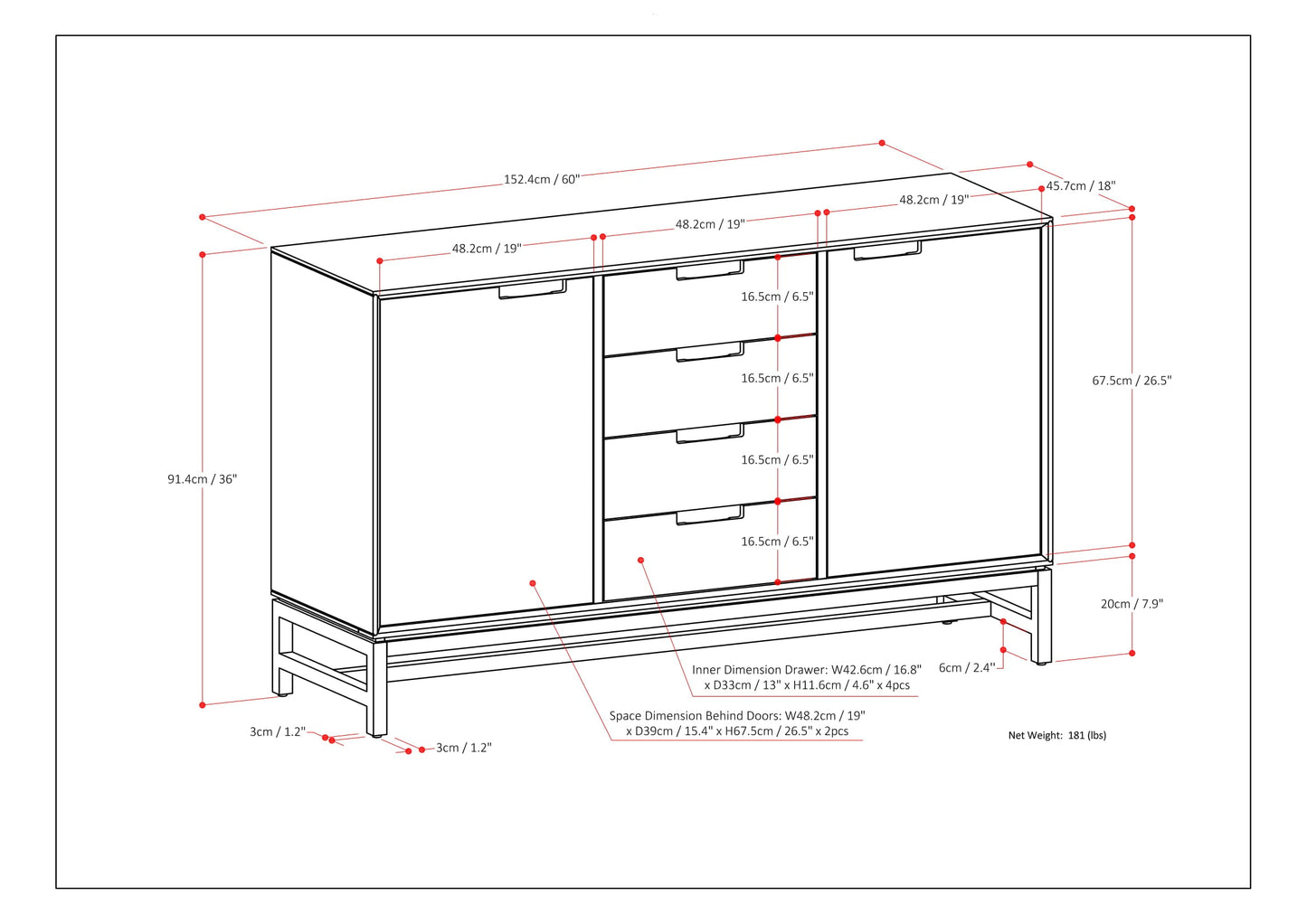 Sideboard with 4 Drawers and Metal Legs, Walnut Brown
