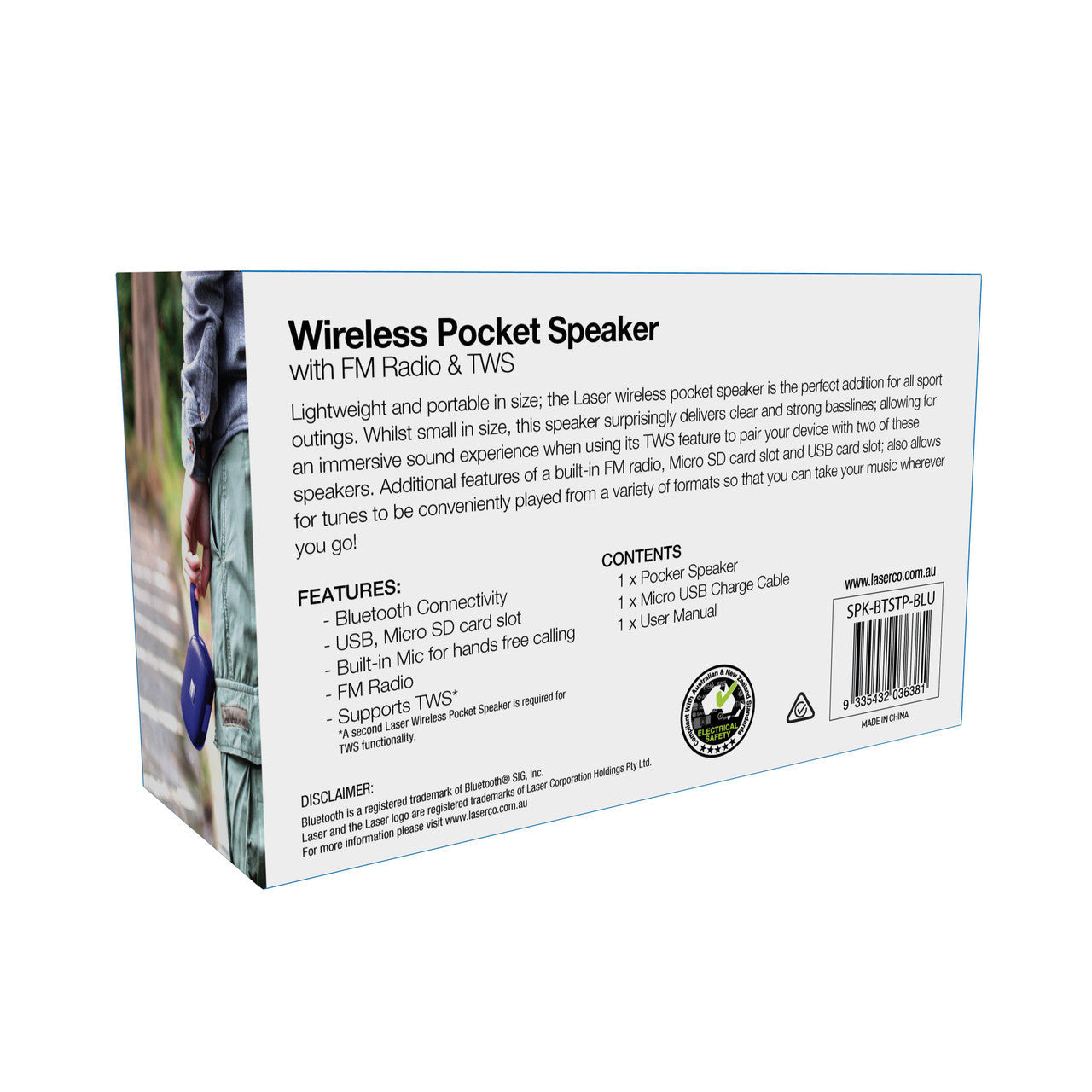 Laser Pocket Bluetooth Speaker with TWS & FM Radio (Blue)