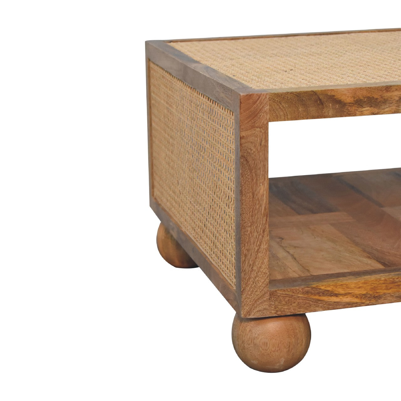 Decipher Wood and Rattan Large Coffee Table with Ball-Shaped Legs