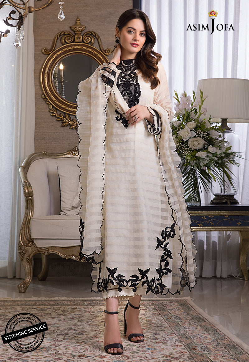 AJIM-02 EMBROIDERED KARANDI LINES AND ORGANZA 3 PCS