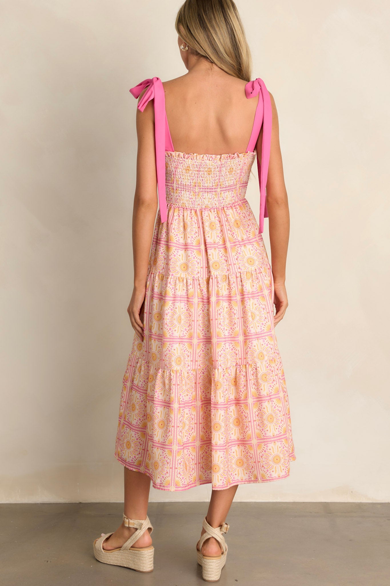 Next To You Pink Multi Print Tiered Midi Dress