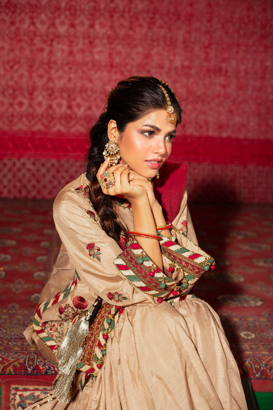 Three Piece Embroidered Raw Silk Slub Shirt with Yarn Dyed Dupatta