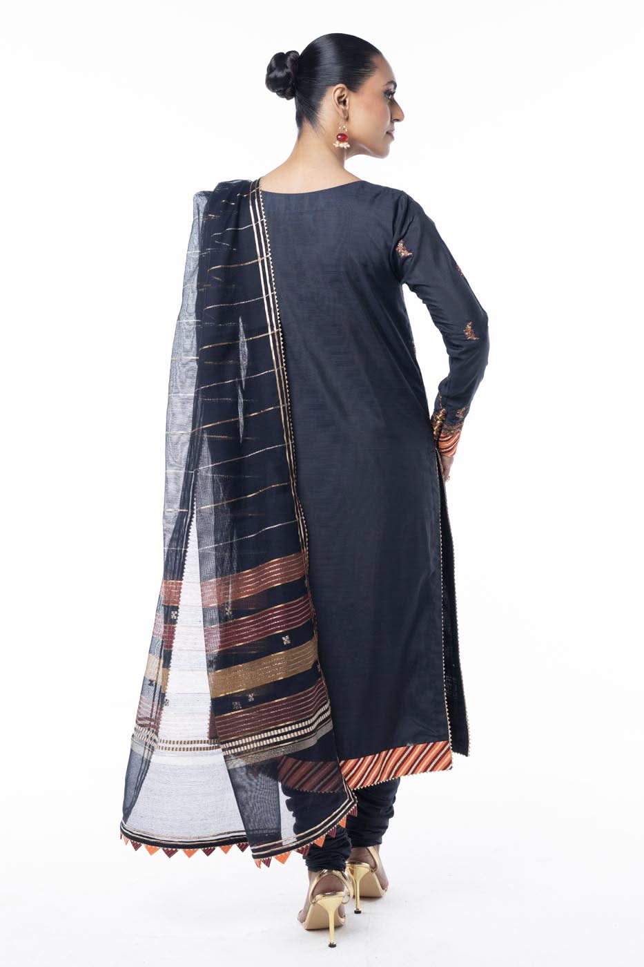 Three Piece Embroidered Raw Silk Slub Shirt with Yarn Dyed Dupatta
