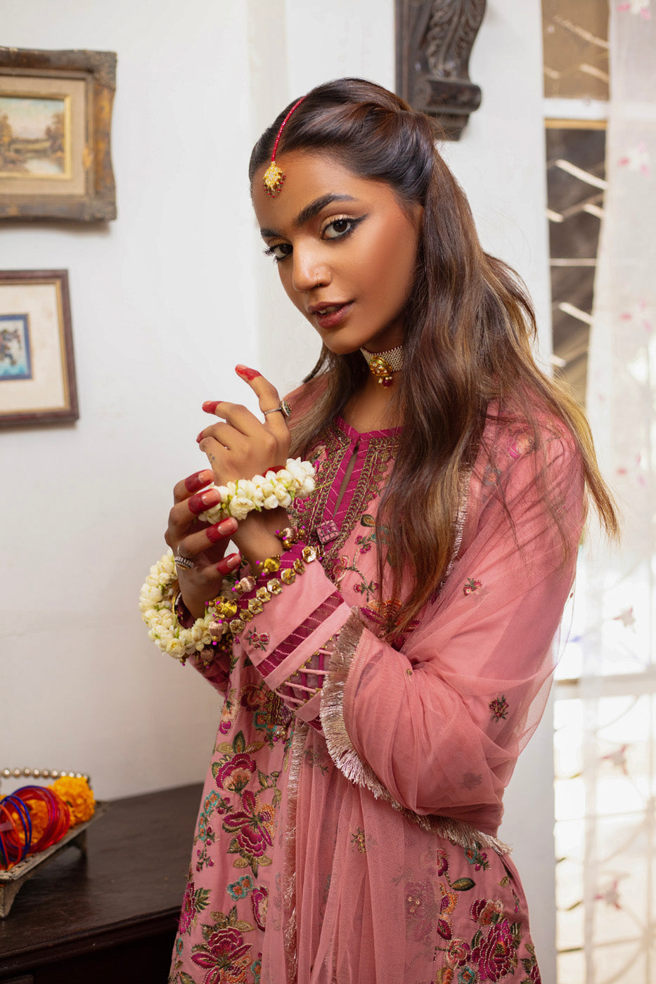 Three Piece Embroidered Cotton Satin Shirt with Dyed Polynet Dupatta