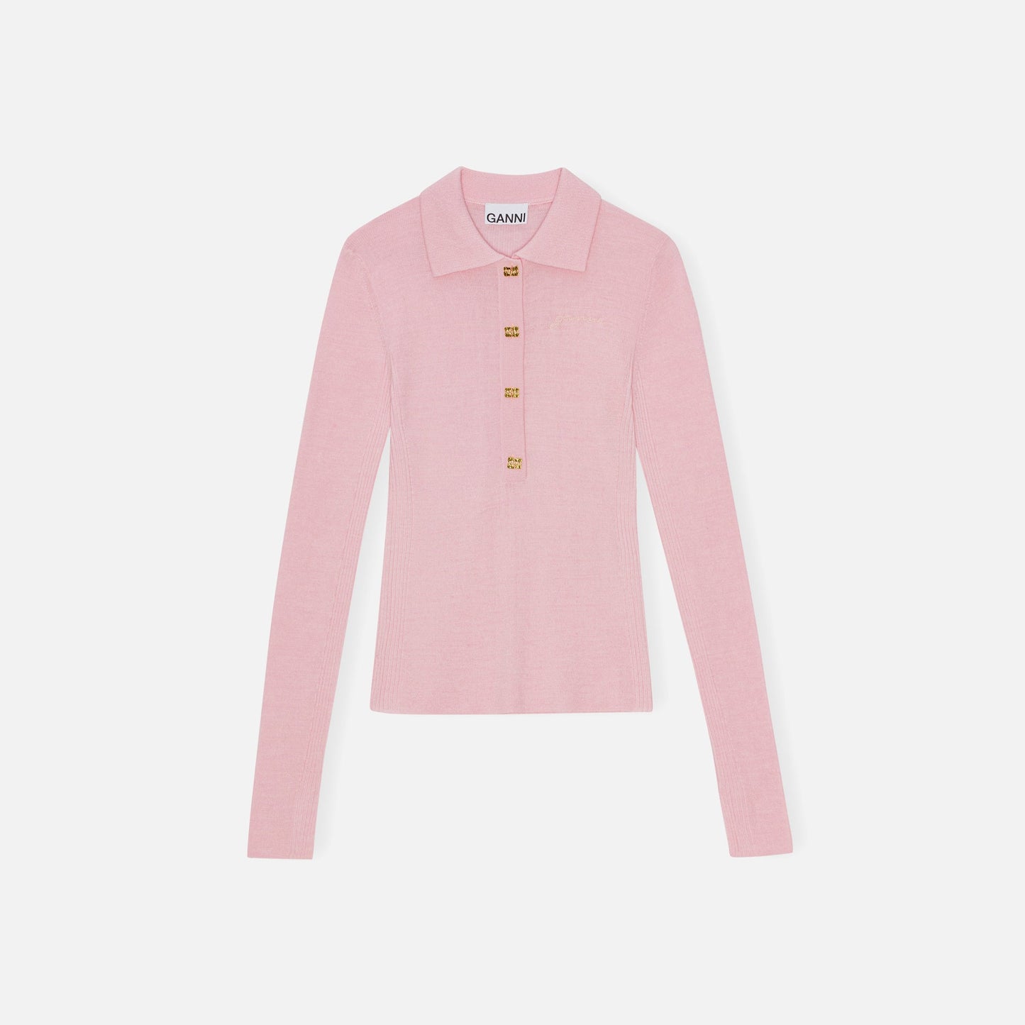 Ganni Mini Ribbed Merino Polo - Chalk Pink