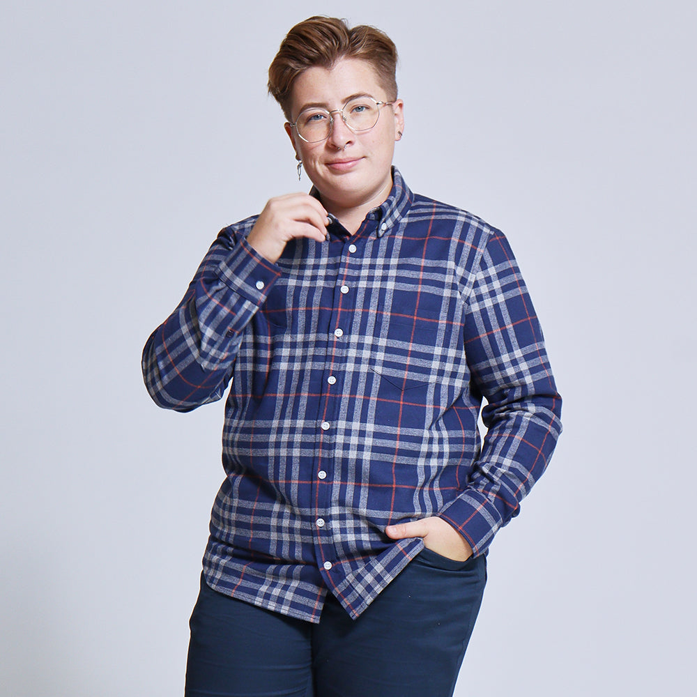 Navy and Gray Plaid Flannel Shirt