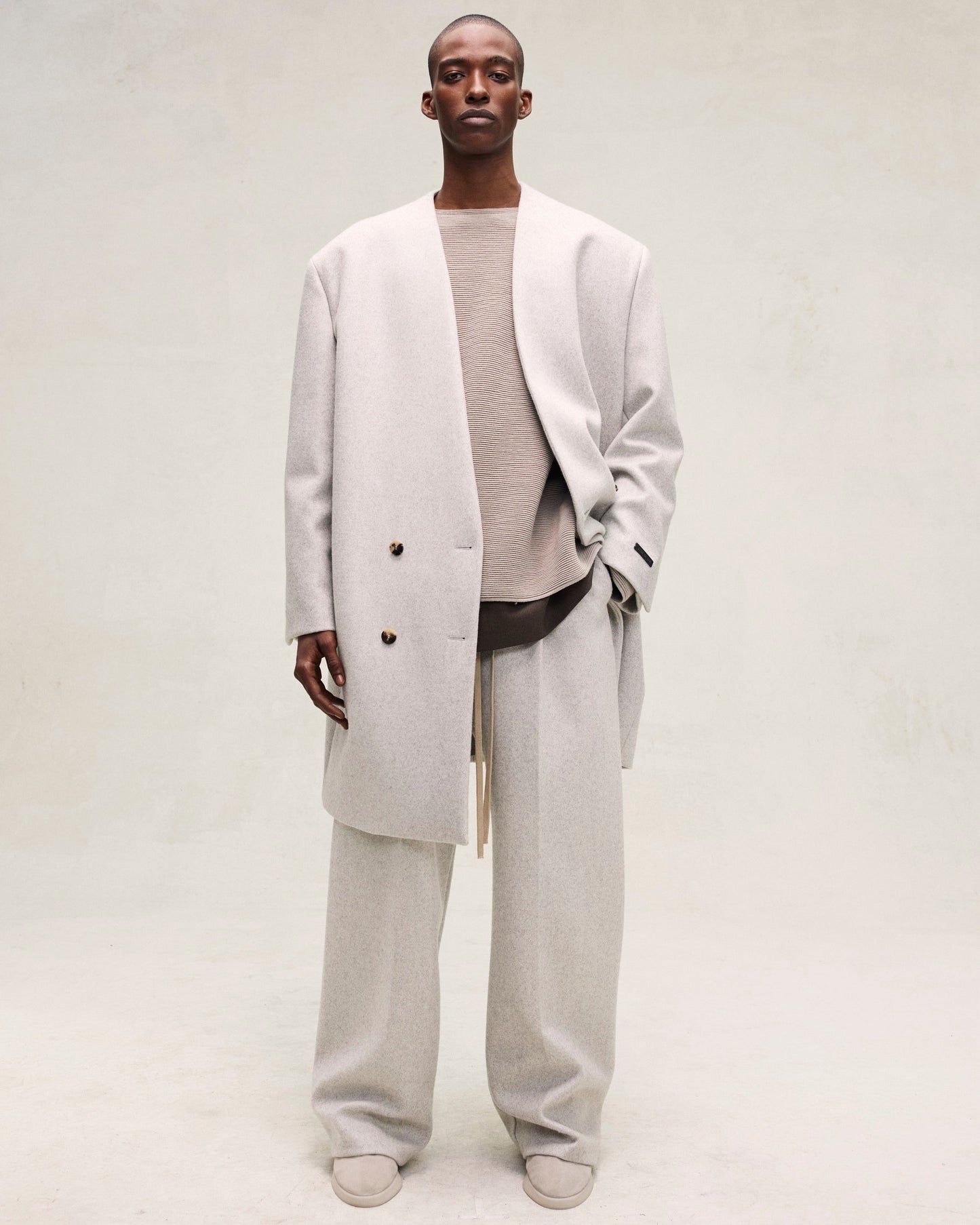 Military Wool Long Relaxed Lapelless Blazer
