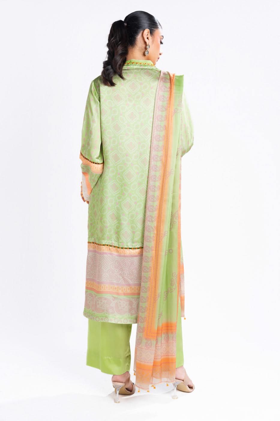3 Piece Printed Chamois Silk Suit With Printed Tissue Silk Dupatta