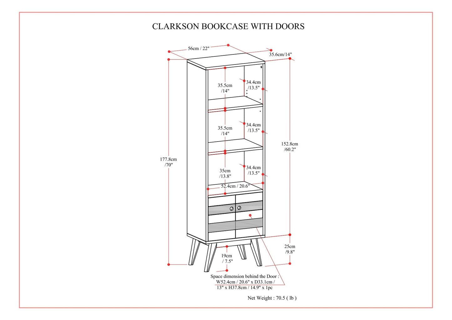 Bookcase with 3 Shelves and 2 Doors