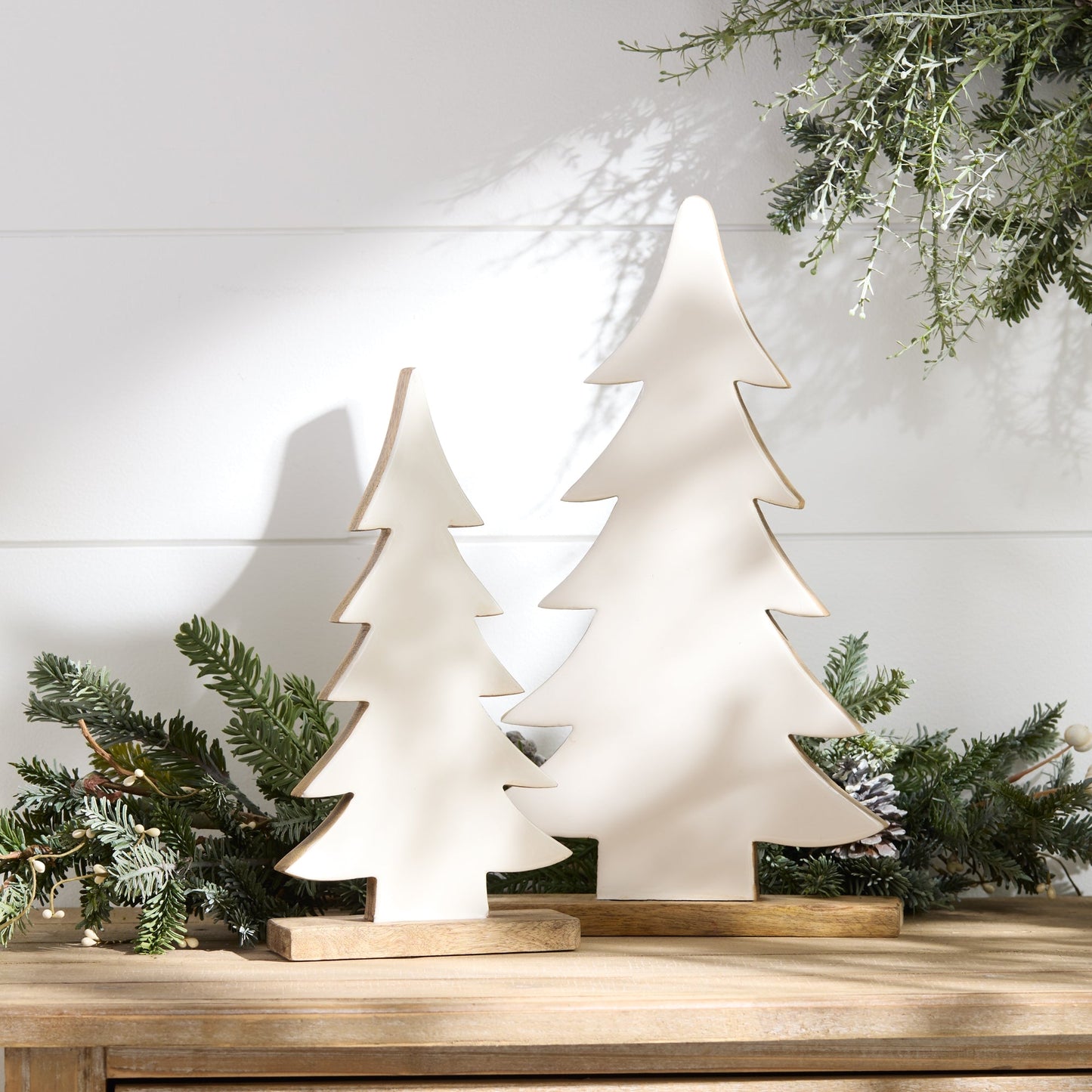Pine Tree on Natural Wood Base, Set of 2