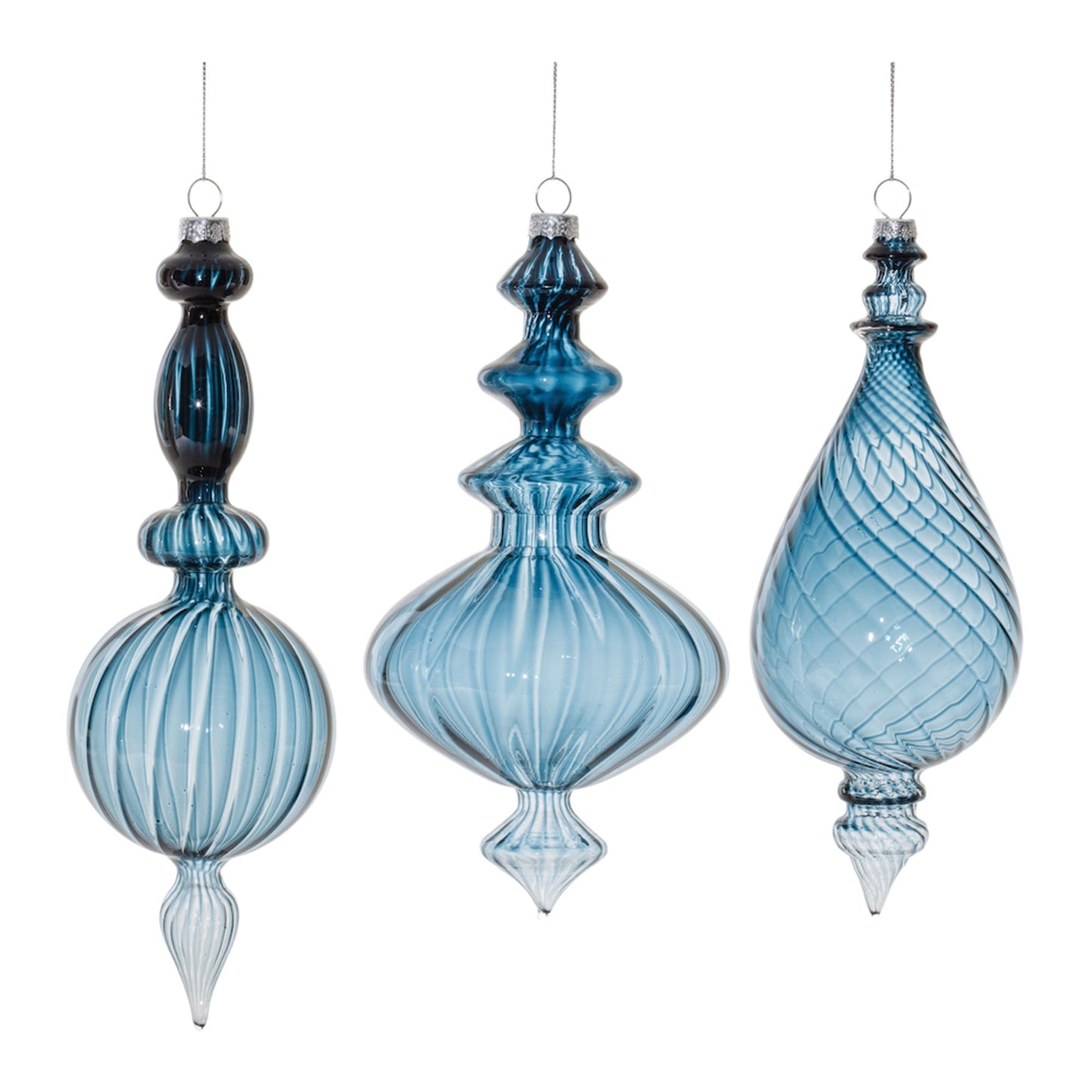 Blue Ribbed Glass Finial Drop Ornament, Set of 6