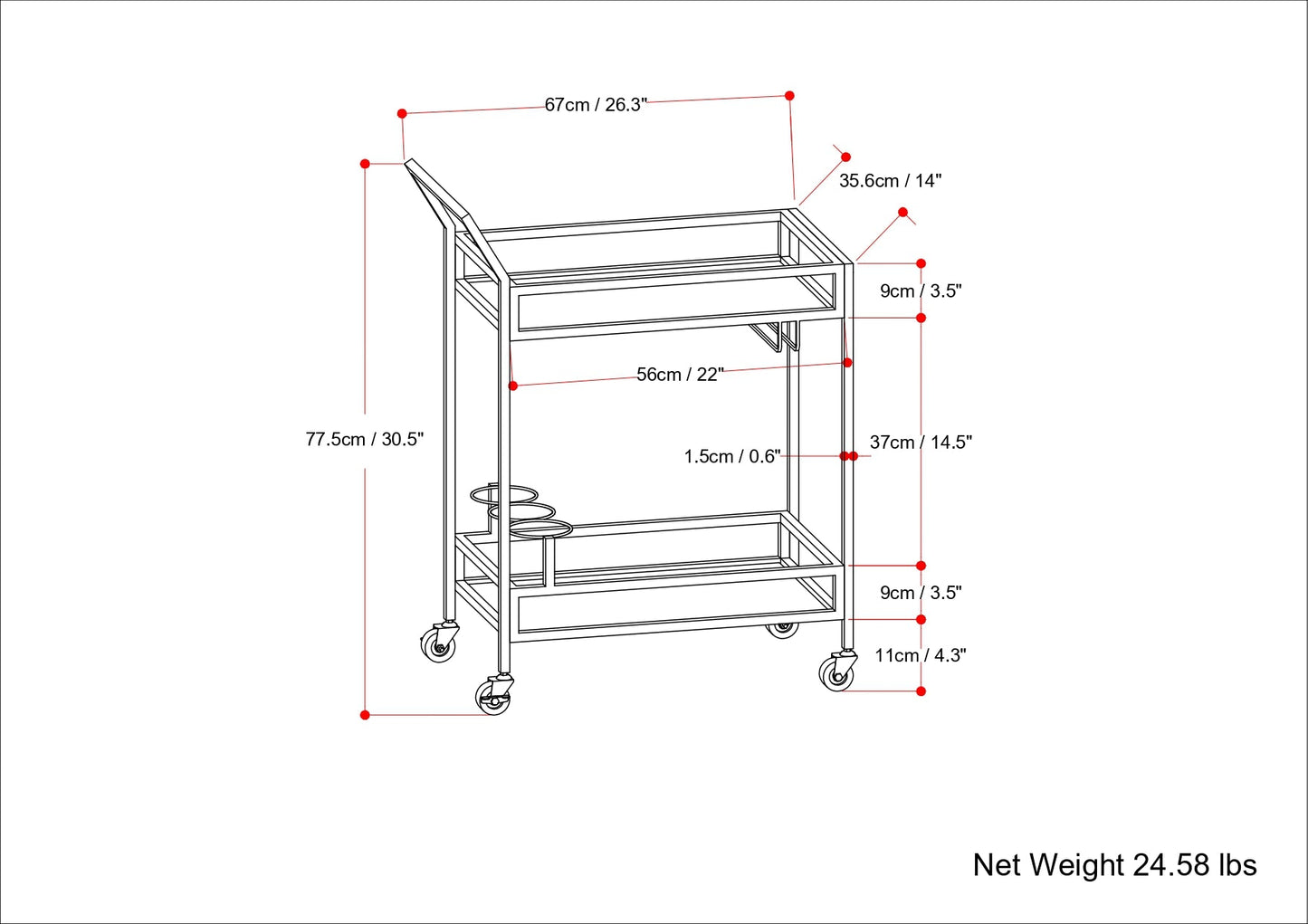 2-Tier Bar Cart with 3 Bottle Storage Rings and Wheels