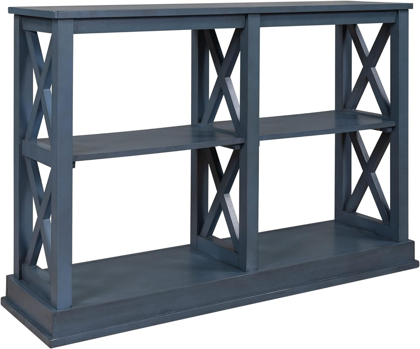 Abby Navy Blue Console Table with 3 Tier Open Shelves with X Design