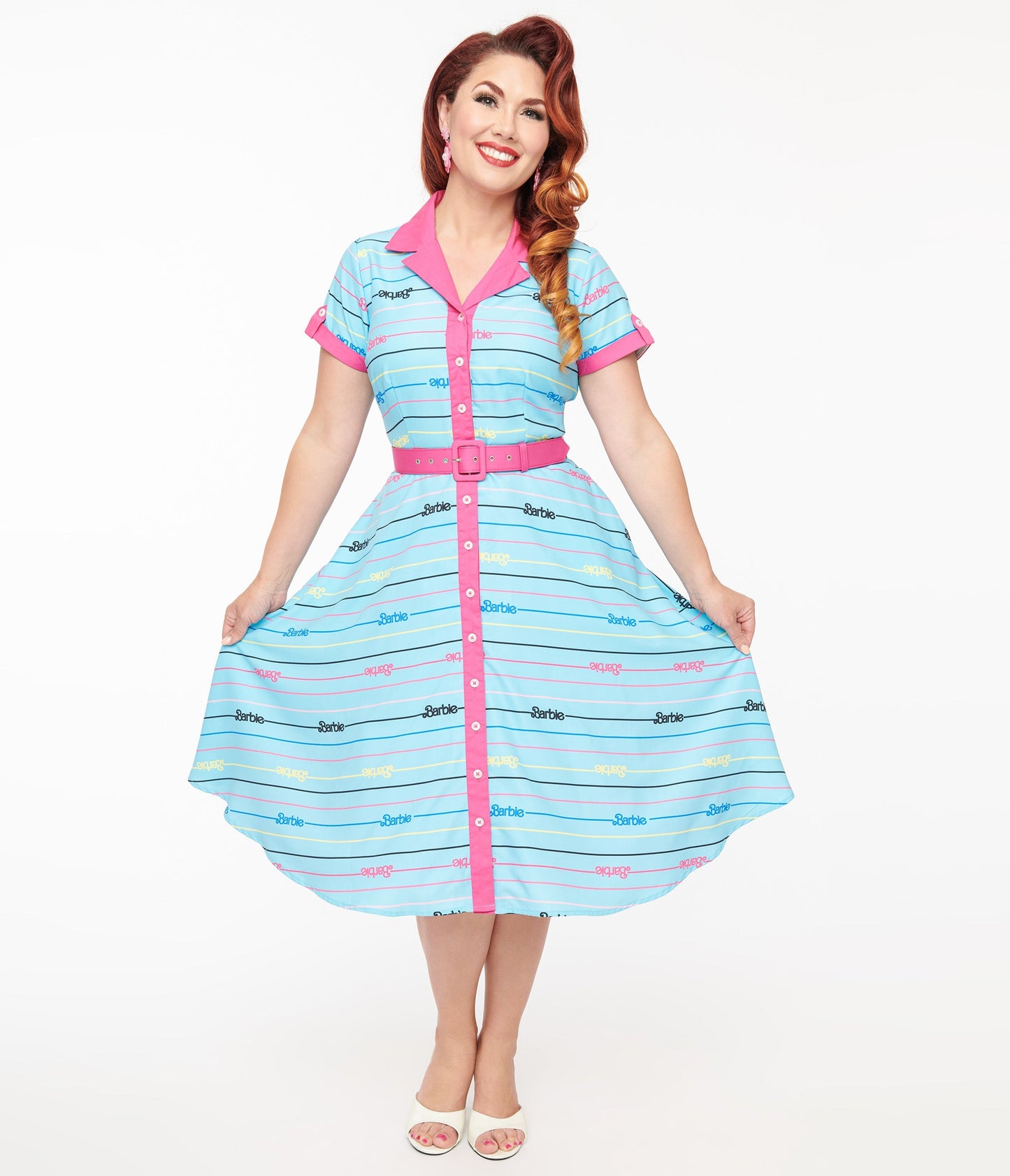 Barbie x Unique Vintage Blue Barbie Print Shirt Dress
