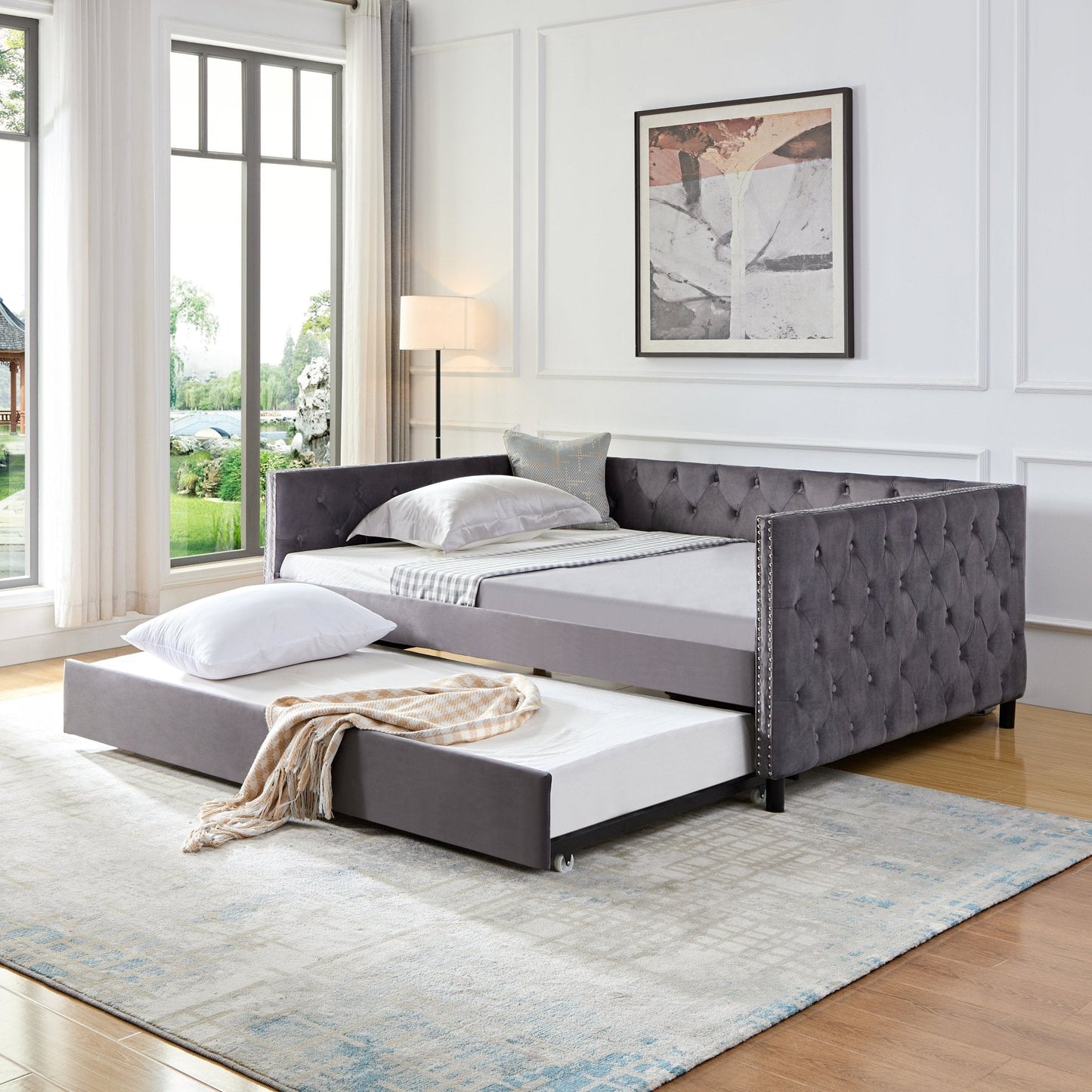 Barlence Upholstered Daybed with Trundle and Copper Nail Armrest