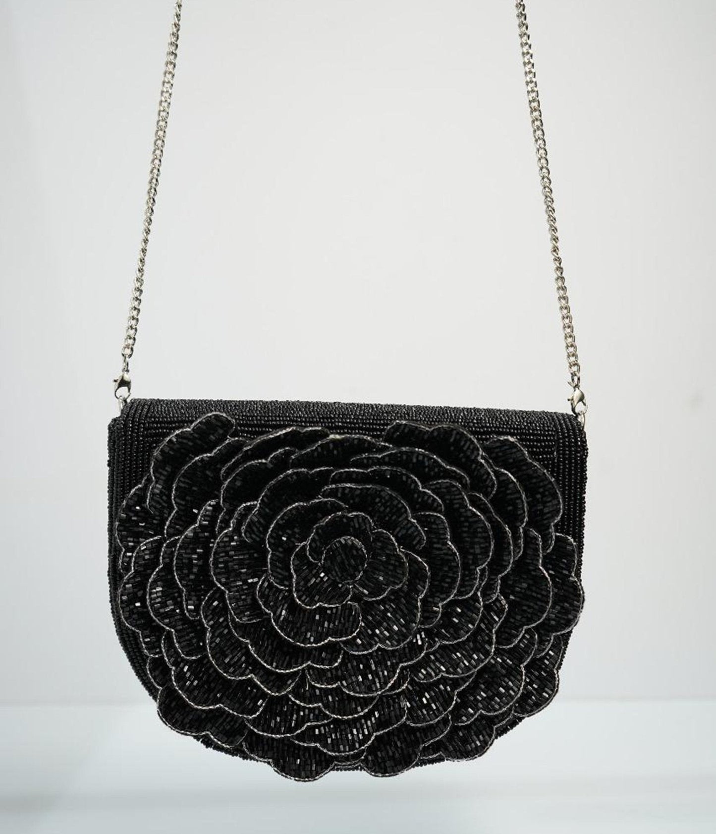 Black Flower Beaded Crossbody Bag