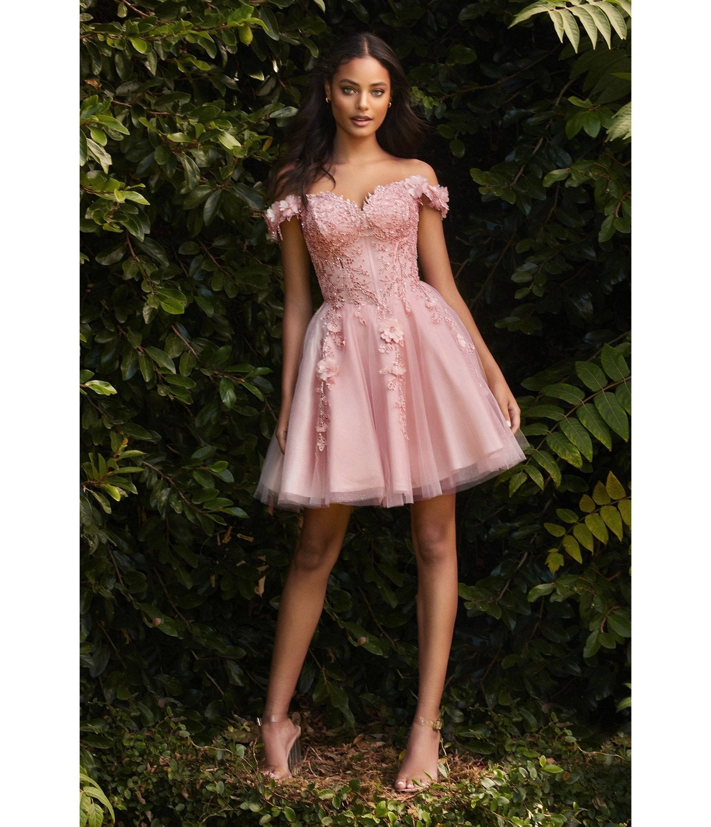 Cinderella Divine Blush Beaded & Floral Applique Off The Shoulder Cocktail Dress
