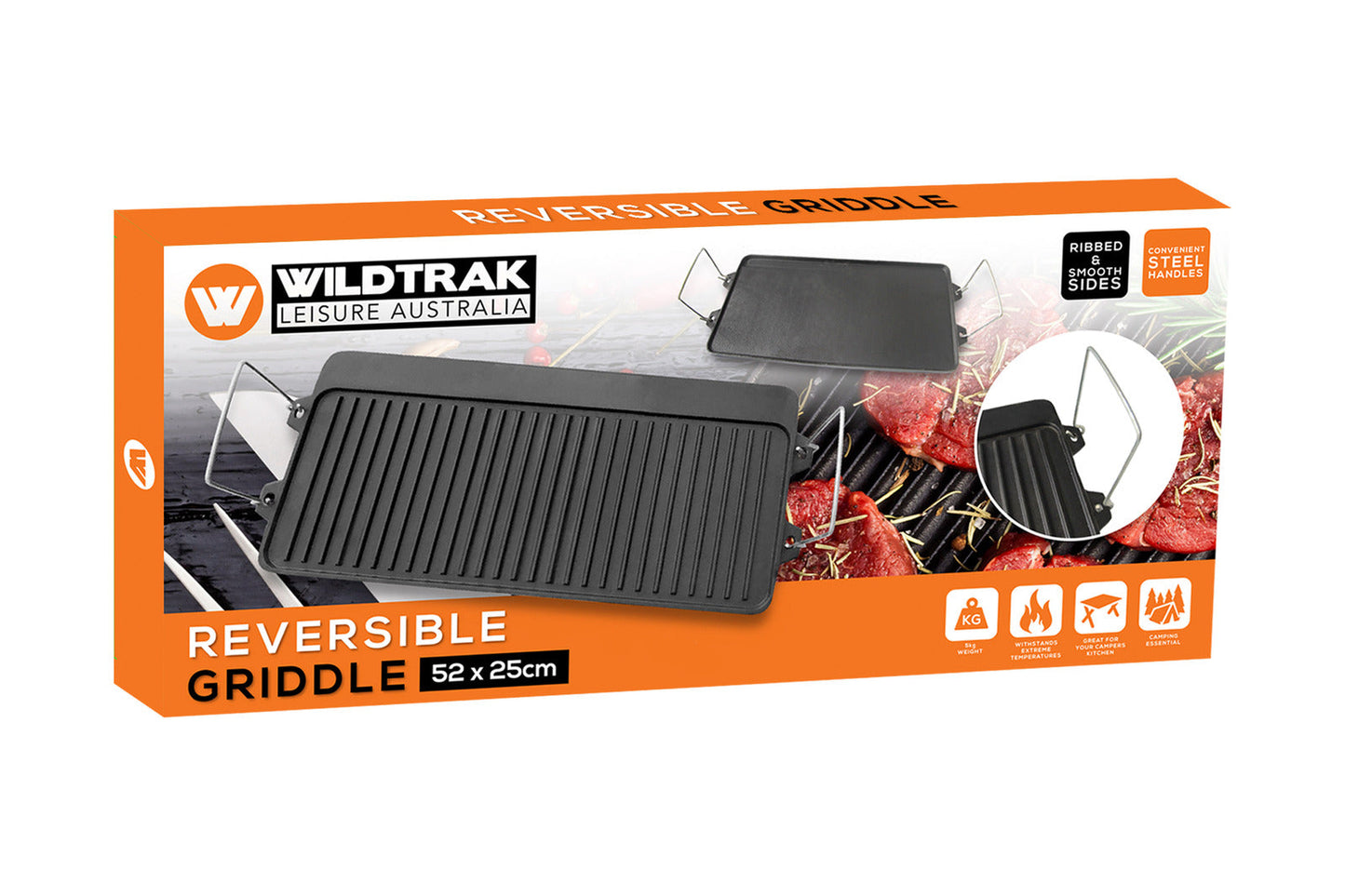 Wildtrak Reversible Cast Iron 52cm BBQ Griddle Plate for 3-Burner Stove (Black)