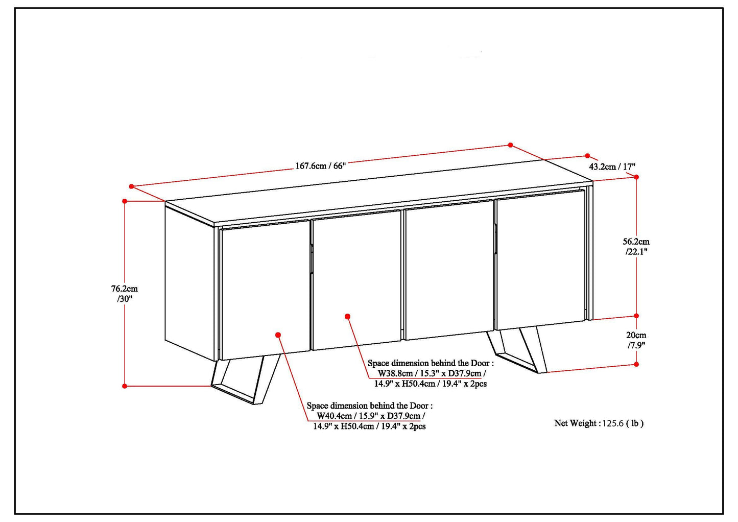 Passage 4-Door Buffet Cabinet with 4 Adjustable Shelves and Metal Angled Legs