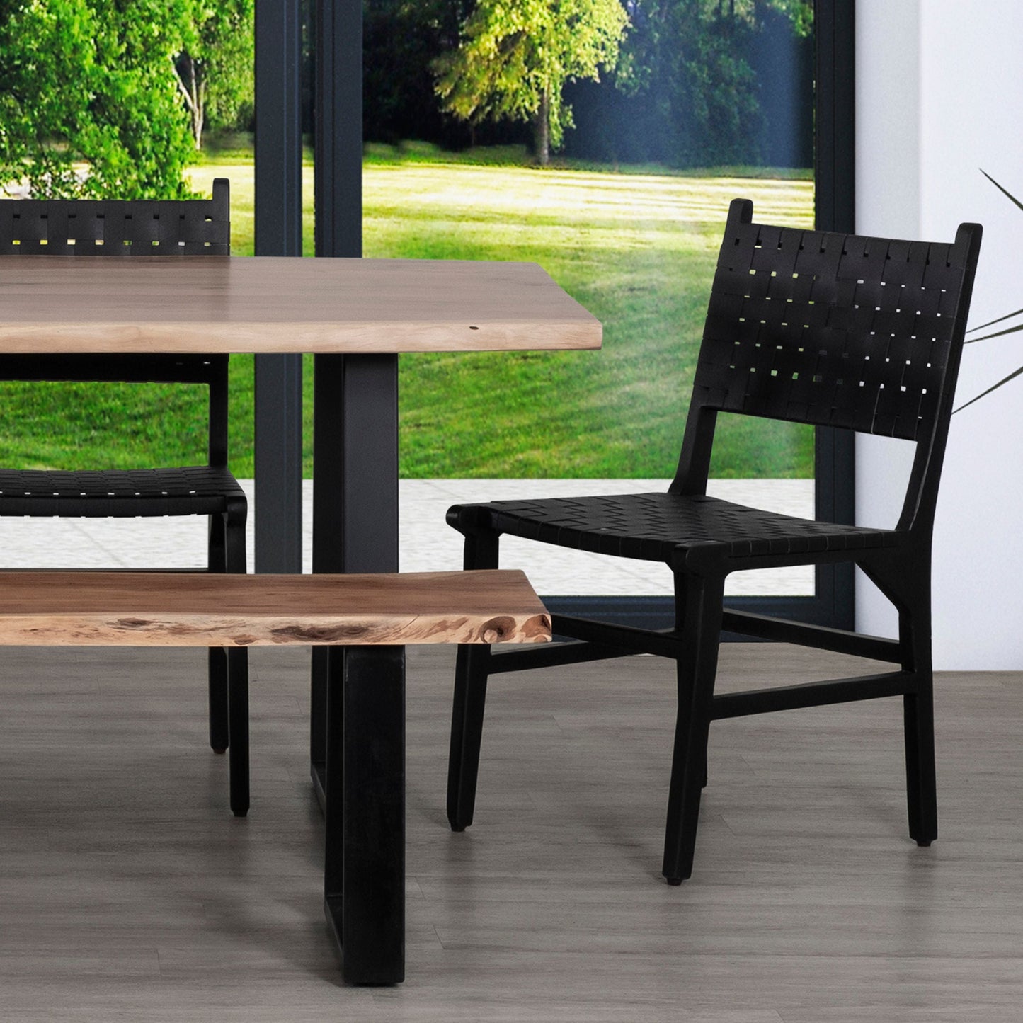 Genuine Leather Woven Dining Chair with Open Back, Set of 2