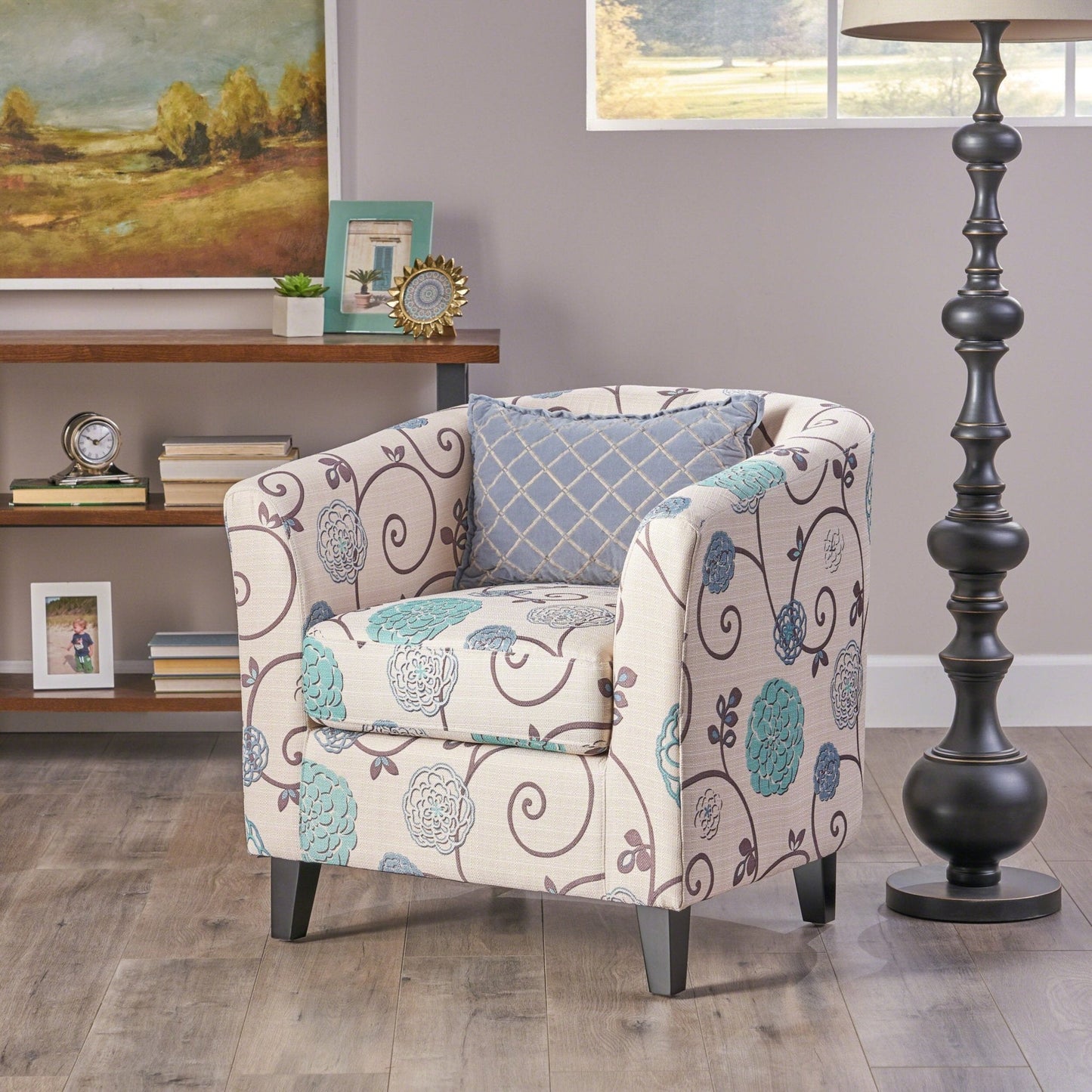 Club Chair with Floral Pattern and Solid Wood Legs