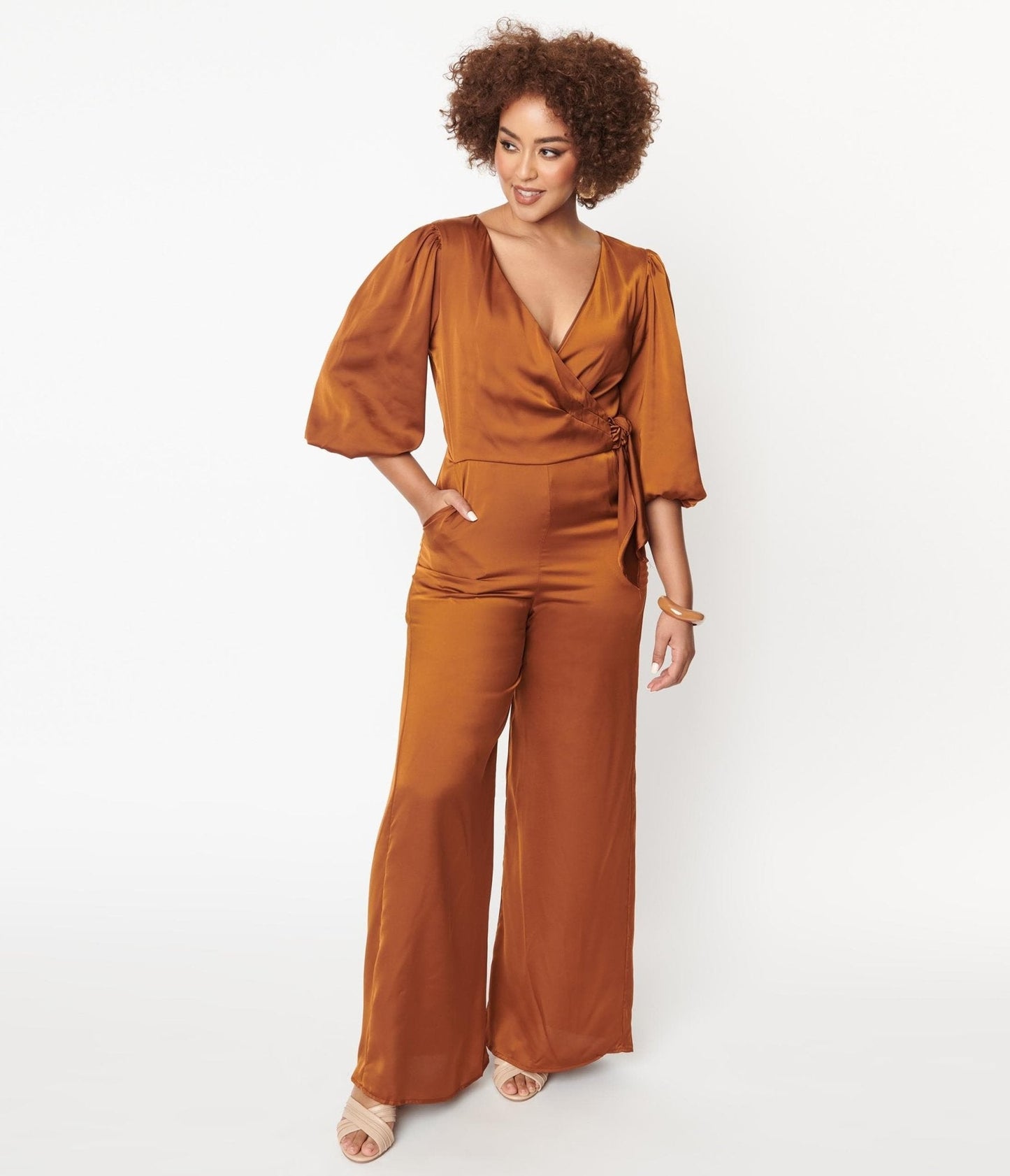 1970s Copper Satin Bow Jumpsuit
