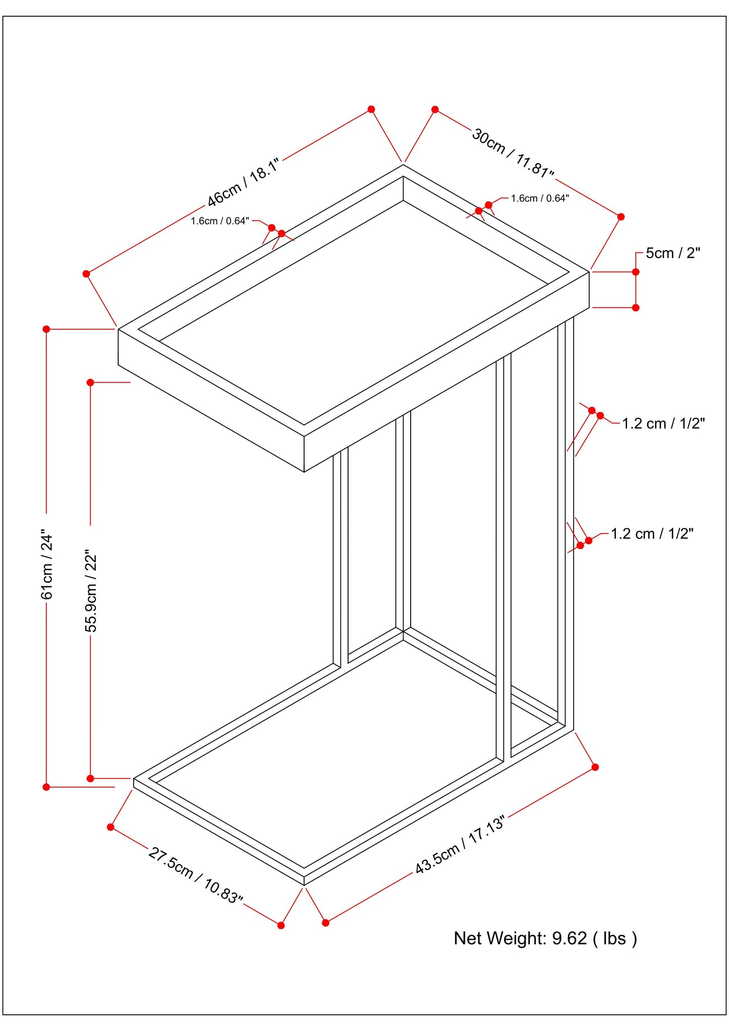 C-Shaped Side Table with Tray Top and Metal Frame