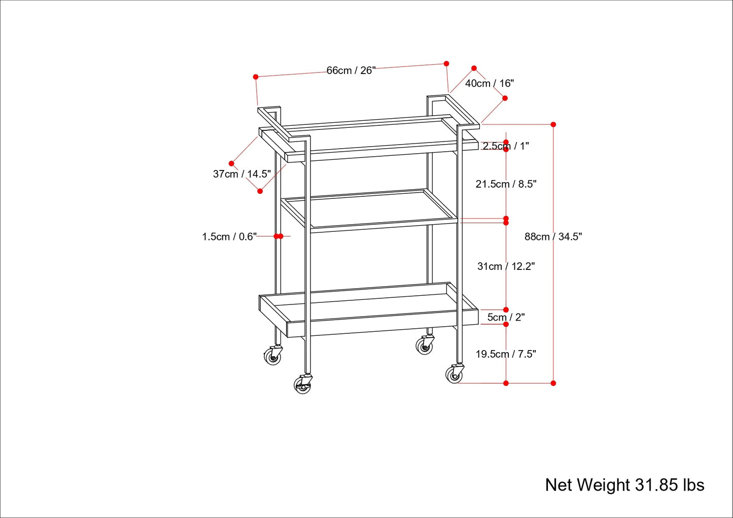 26" Bar Cart with Tempered Glass Middle Shelf and Metal Base