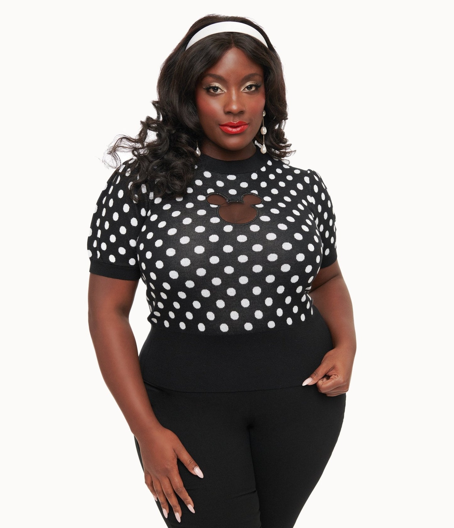 Disney Mickey & Friends Collection by Unique Vintage Plus Size Black & White Polka Dot Mickey Mouse Cutout Sweater