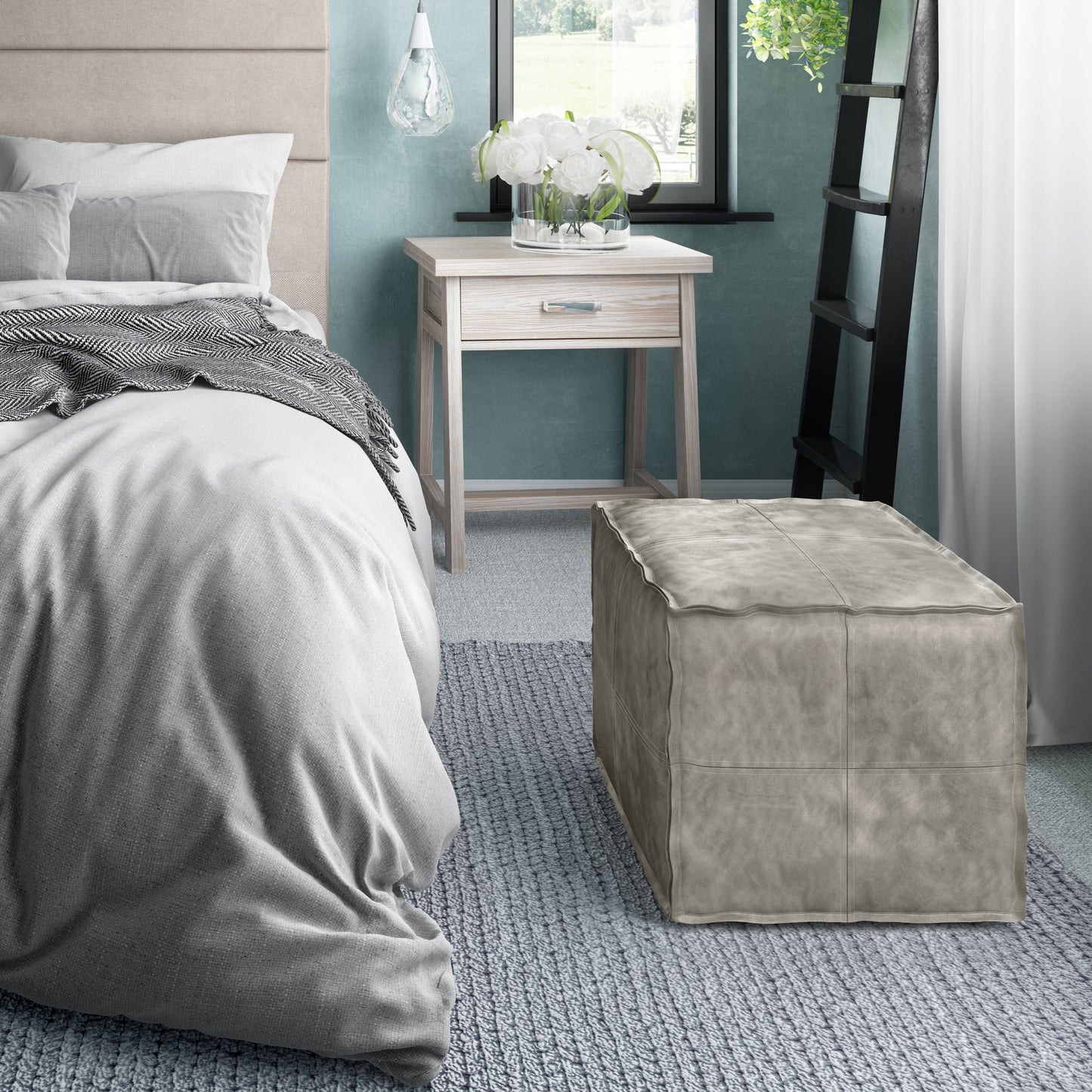 Tranquiluxe Faux Leather Square Pouf with Top Stitching Detail and Zipper
