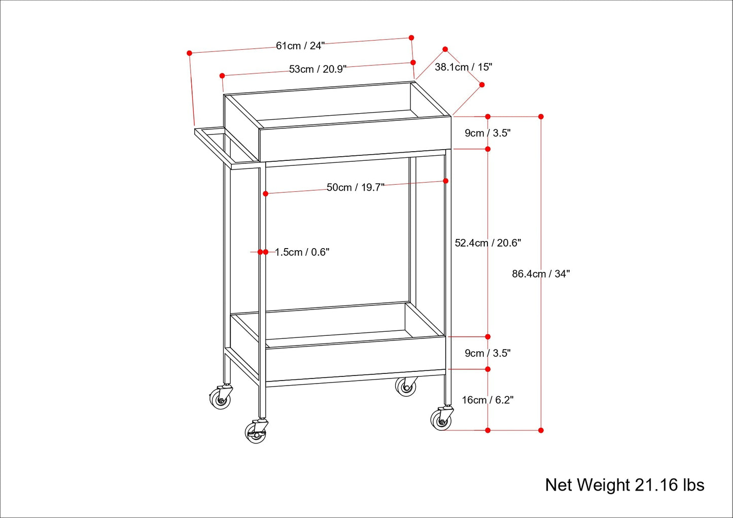 24" 2-Tier Bar Cart with Box Shaped Top