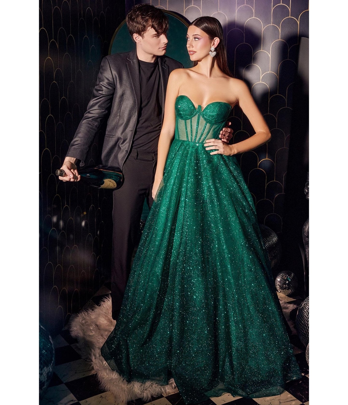Cinderella Divine Emerald Glitter Strapless Corset Prom Gown