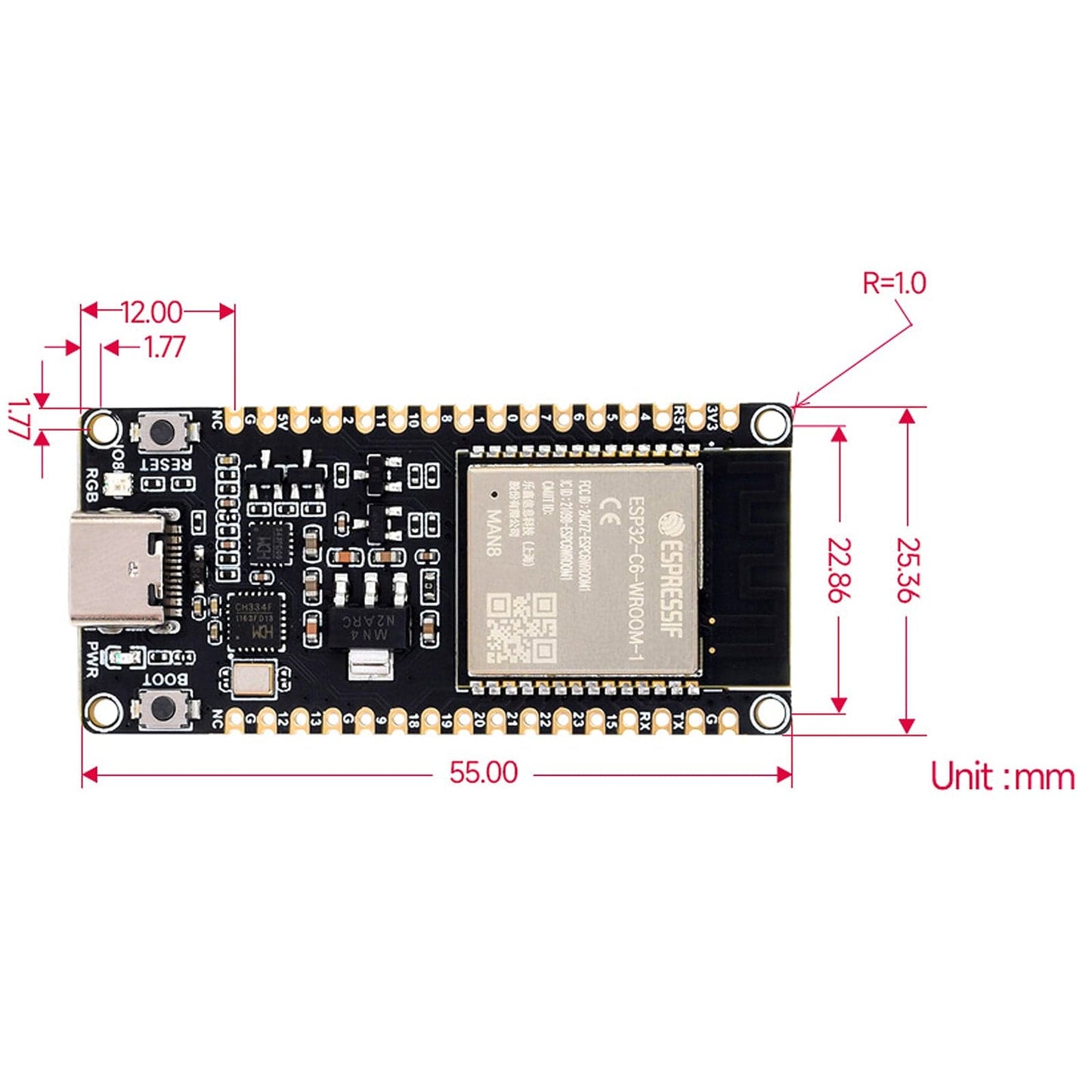 ESP32-C6 Microcontroller Development Board (with Headers)