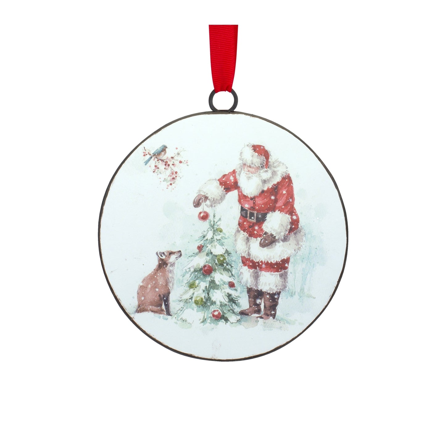 Winter Santa with Woodland Animals Disc Ornament, Set of 2