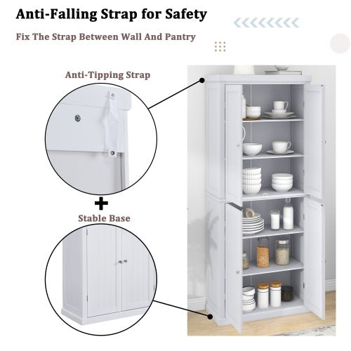 Freestanding Tall Kitchen Pantry, 72.4" with 4 Doors and Adjustable Shelves