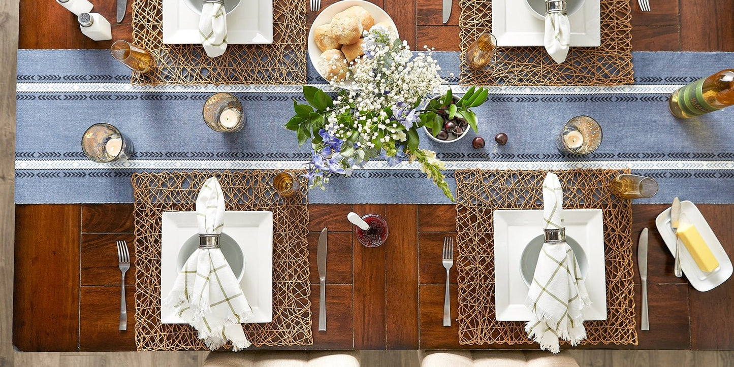 French Blue Dobby Striped Fringe Ribbed 14"X72" Table Runner