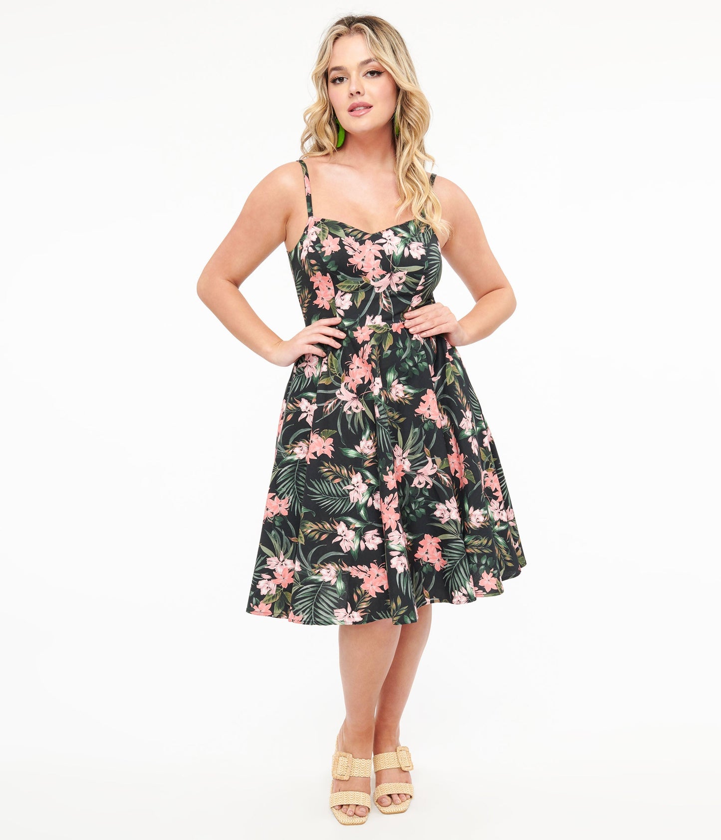 Hell Bunny 1950s Black & Pink Tropical Floral Print Cotton Calypso Swing Dress