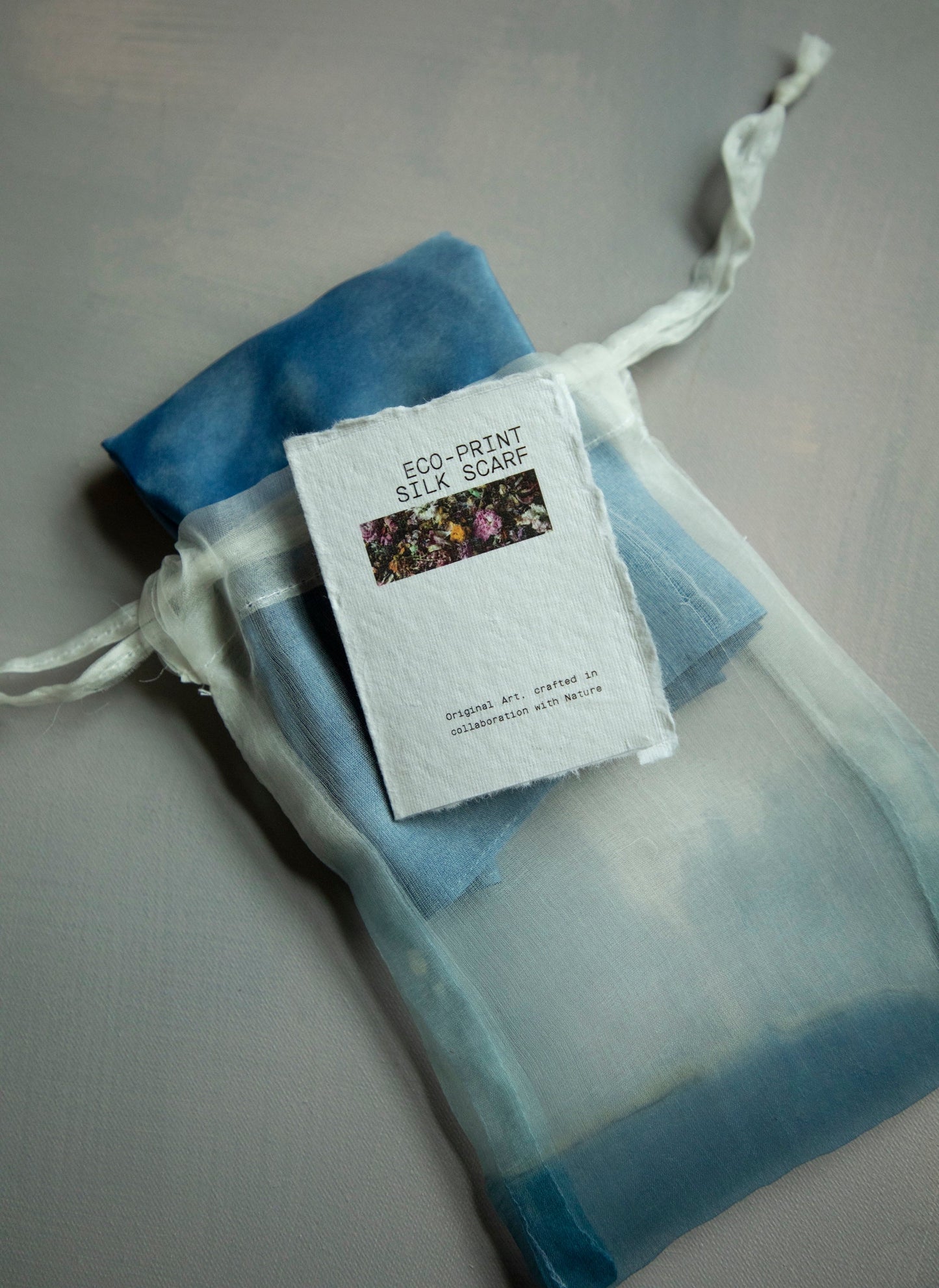Original Eco-Print Silk Scarf 19 x 19" {Indigo Dip-Dyed}