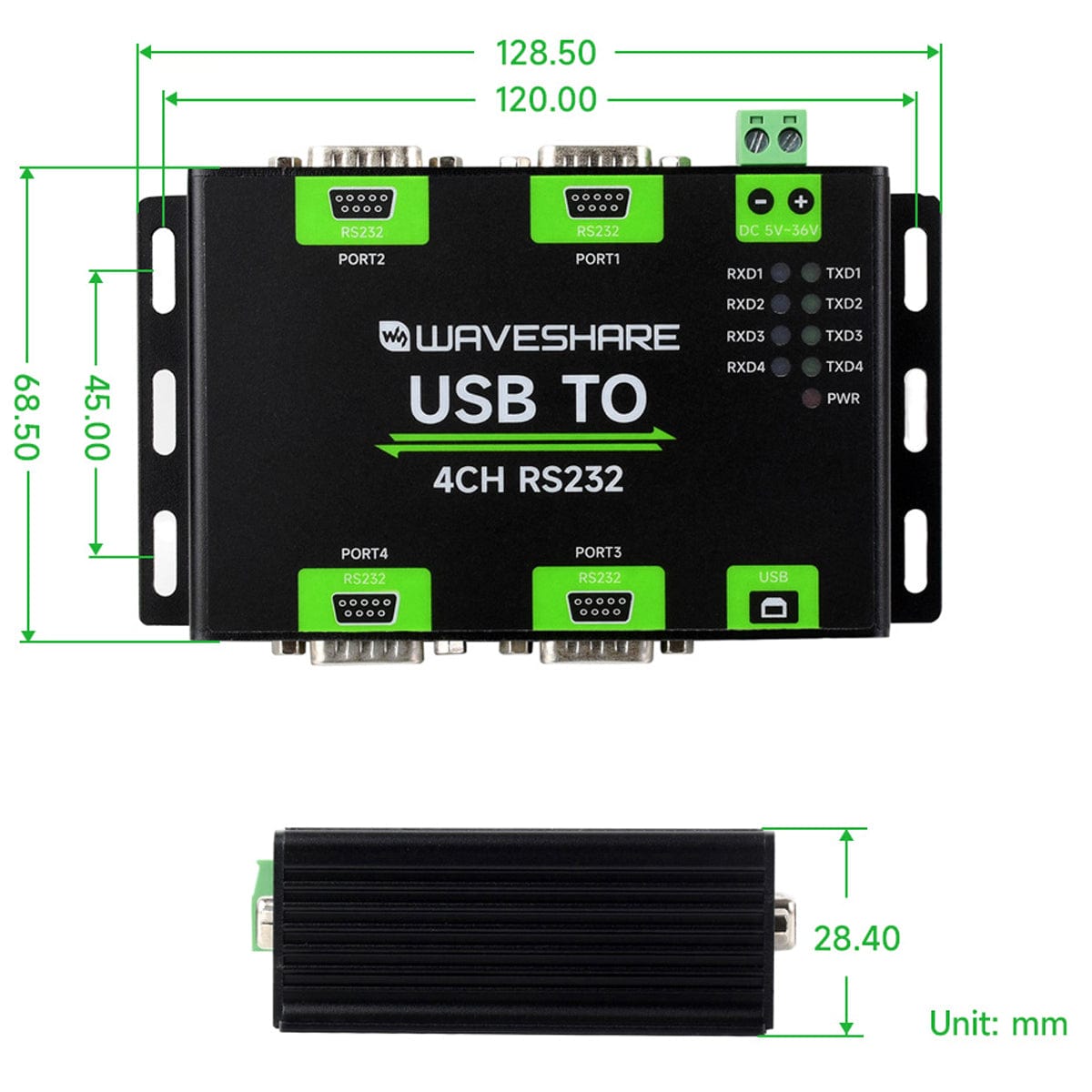 Industrial Isolated USB to 4-Channel RS232 Converter
